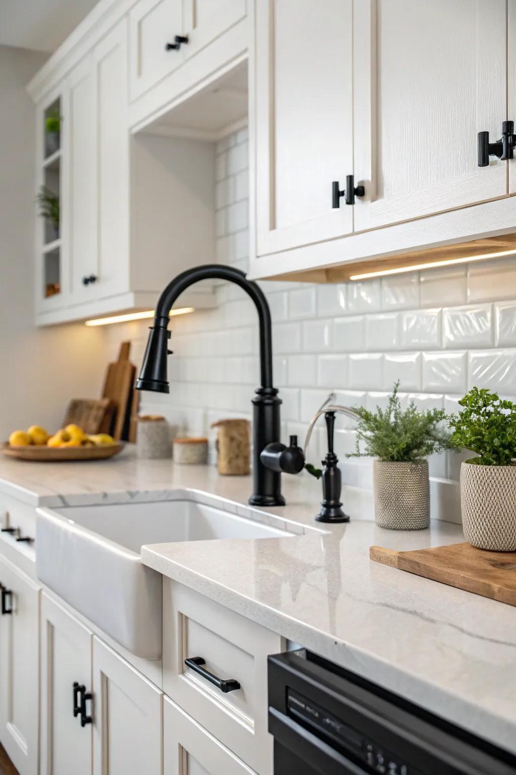 Cohesive design elements create harmony in this kitchen with a dark toned faucet.