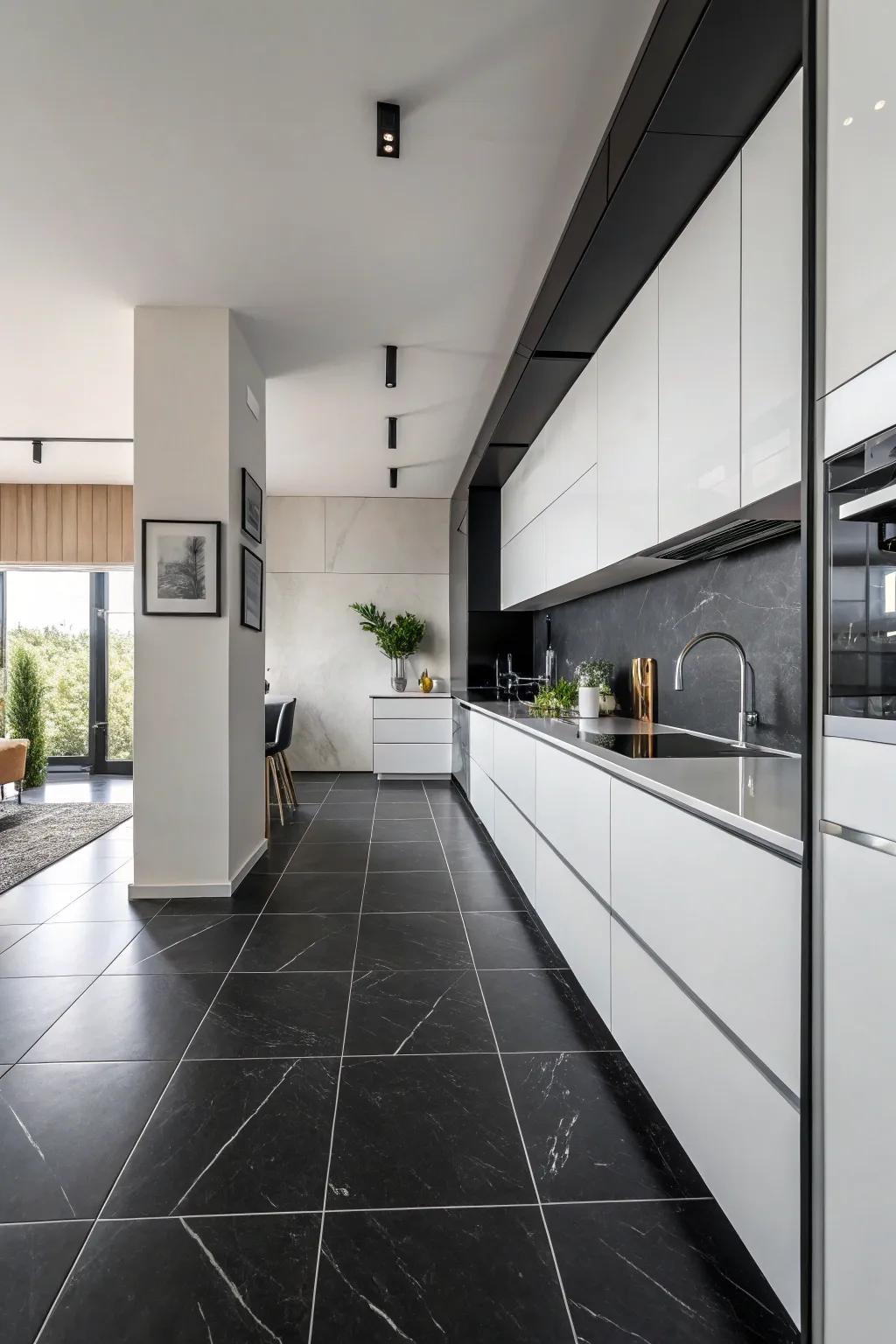 A black and white kitchen where black floors make a matching design.