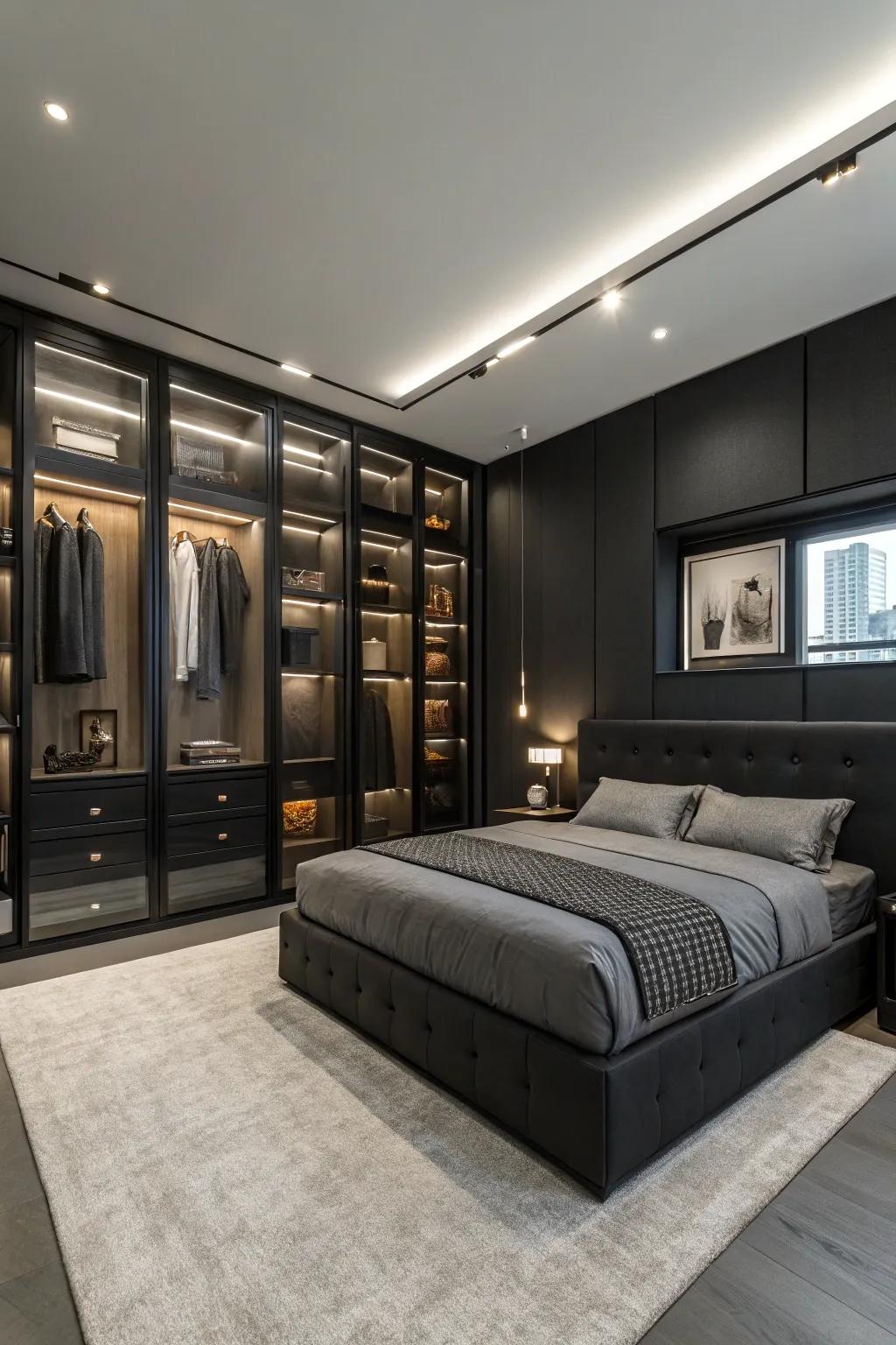 Built-in storage keeps your black bedroom sleek and uncluttered.