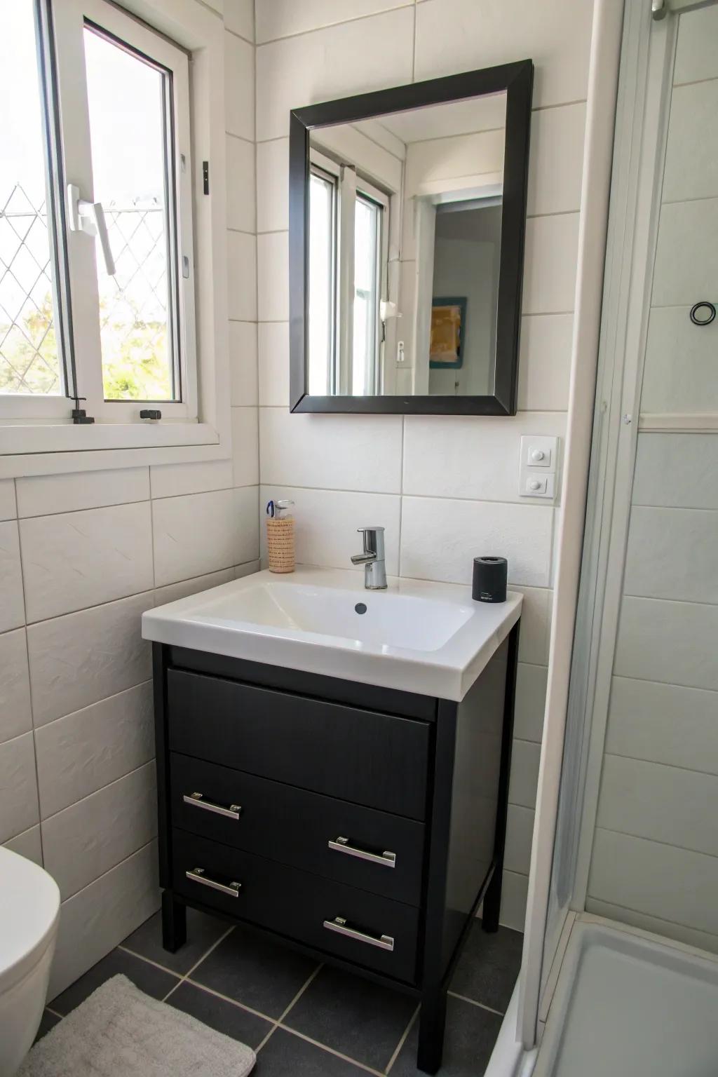 A compact dark vanity is the perfect solution for small bathrooms, offering style and efficiency.