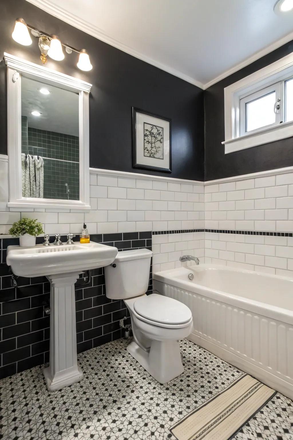 Tile paneling adds layers and sophistication to this bathroom.