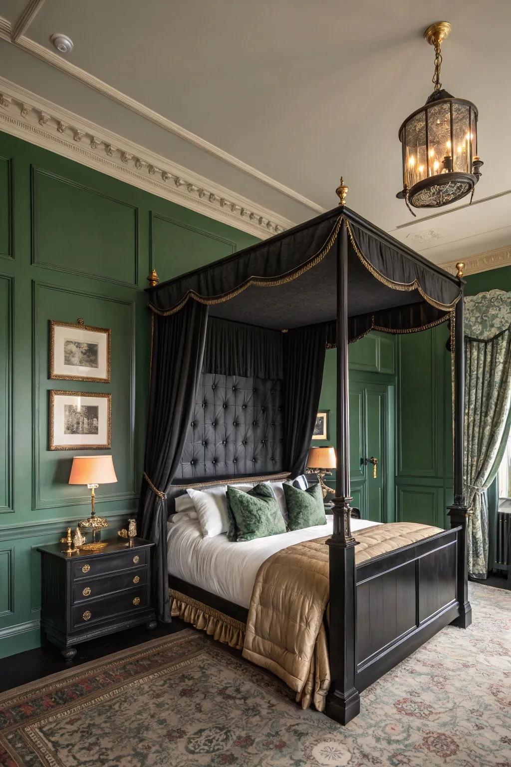 Black wainscoting paired with green walls for a classic look.