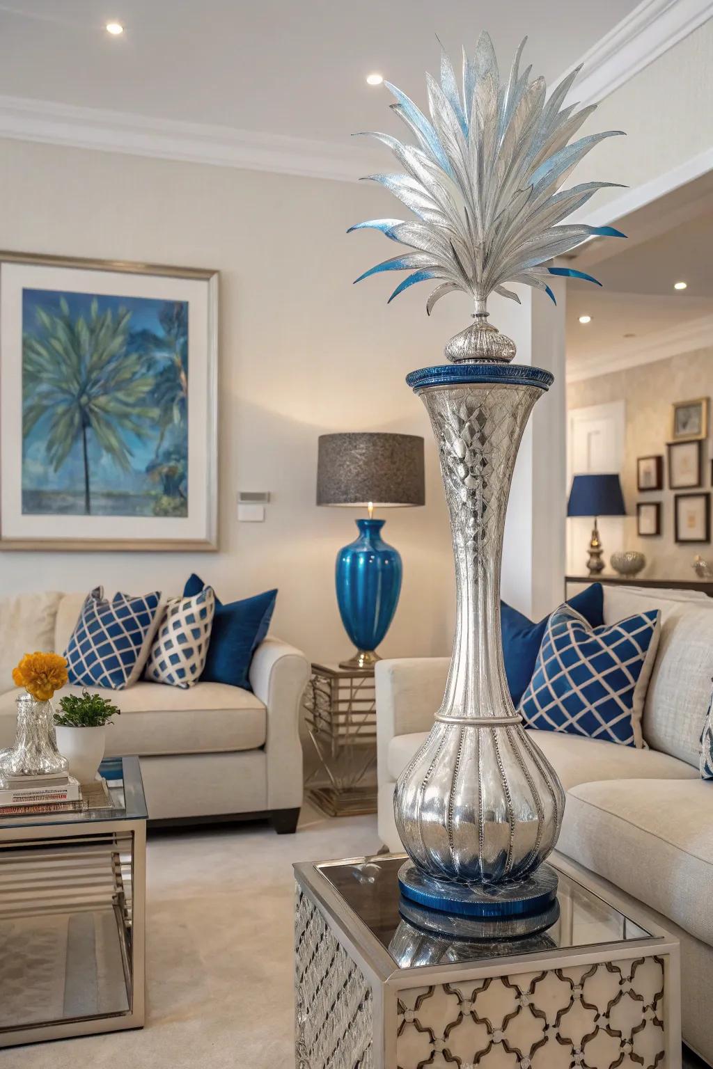 Silver and indigo art serves as a striking center of attention in this elegant living room.