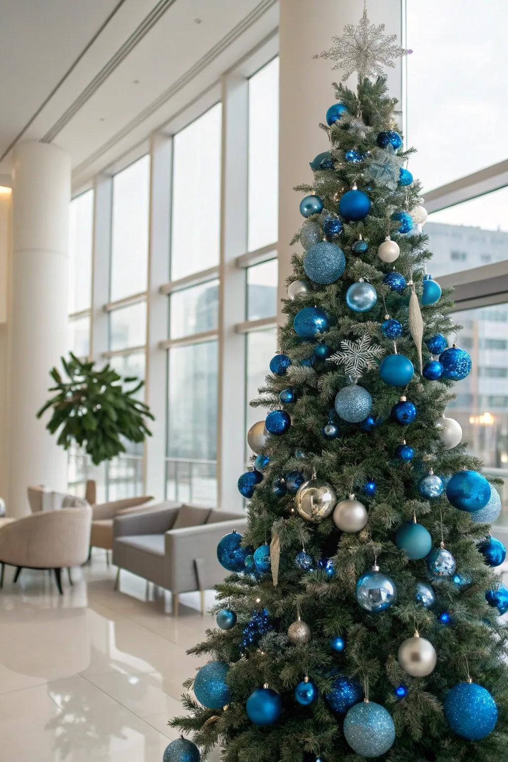 A sleek and modern azure and metal Christmas tree.