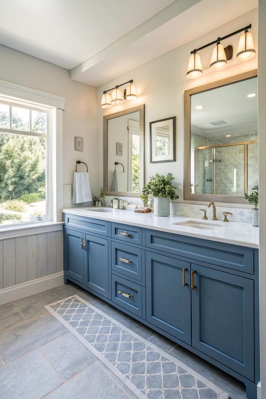 A double blue sink unit offers style and functionality for shared spaces.