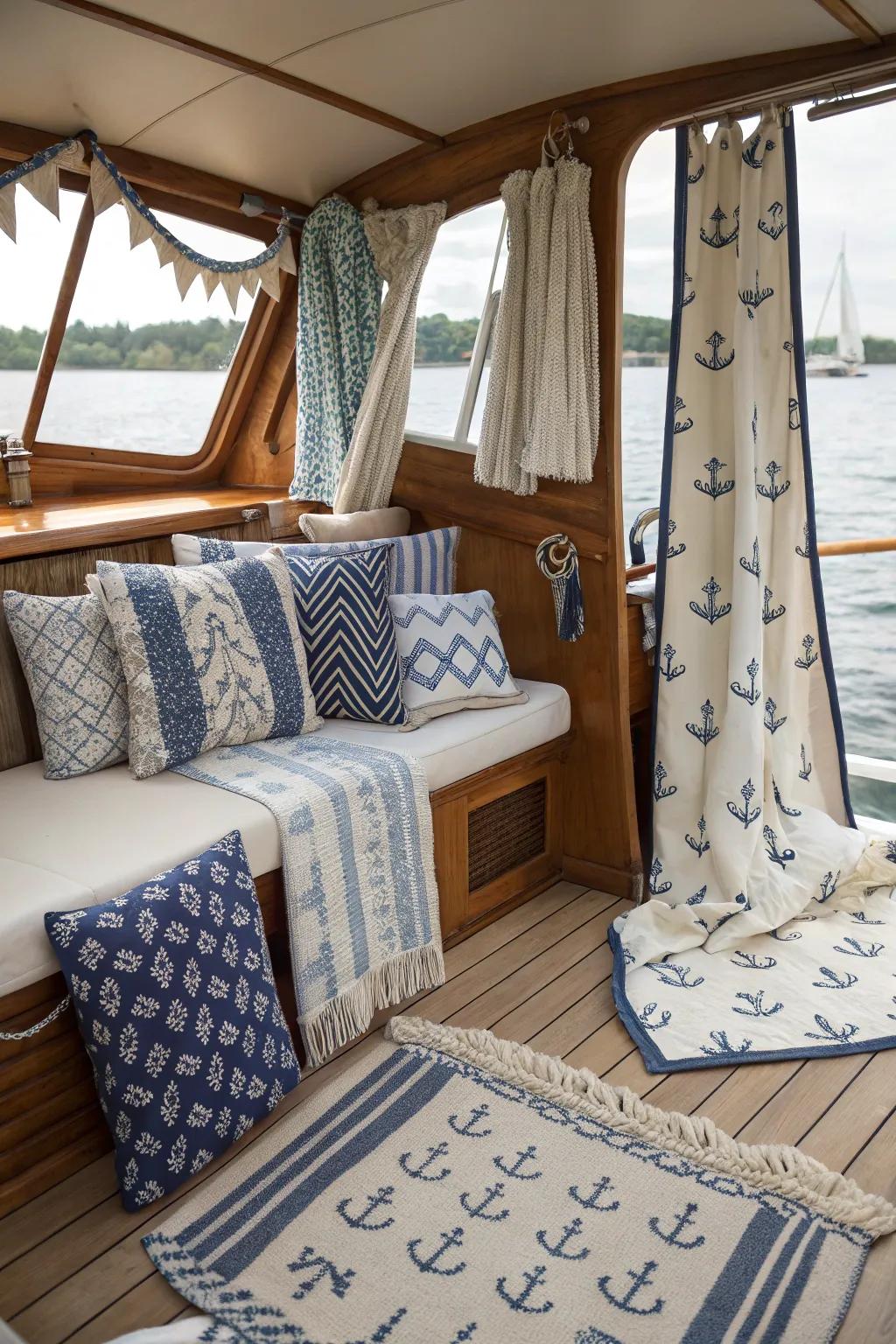 Nautical patterns in textiles add a cohesive themed touch.