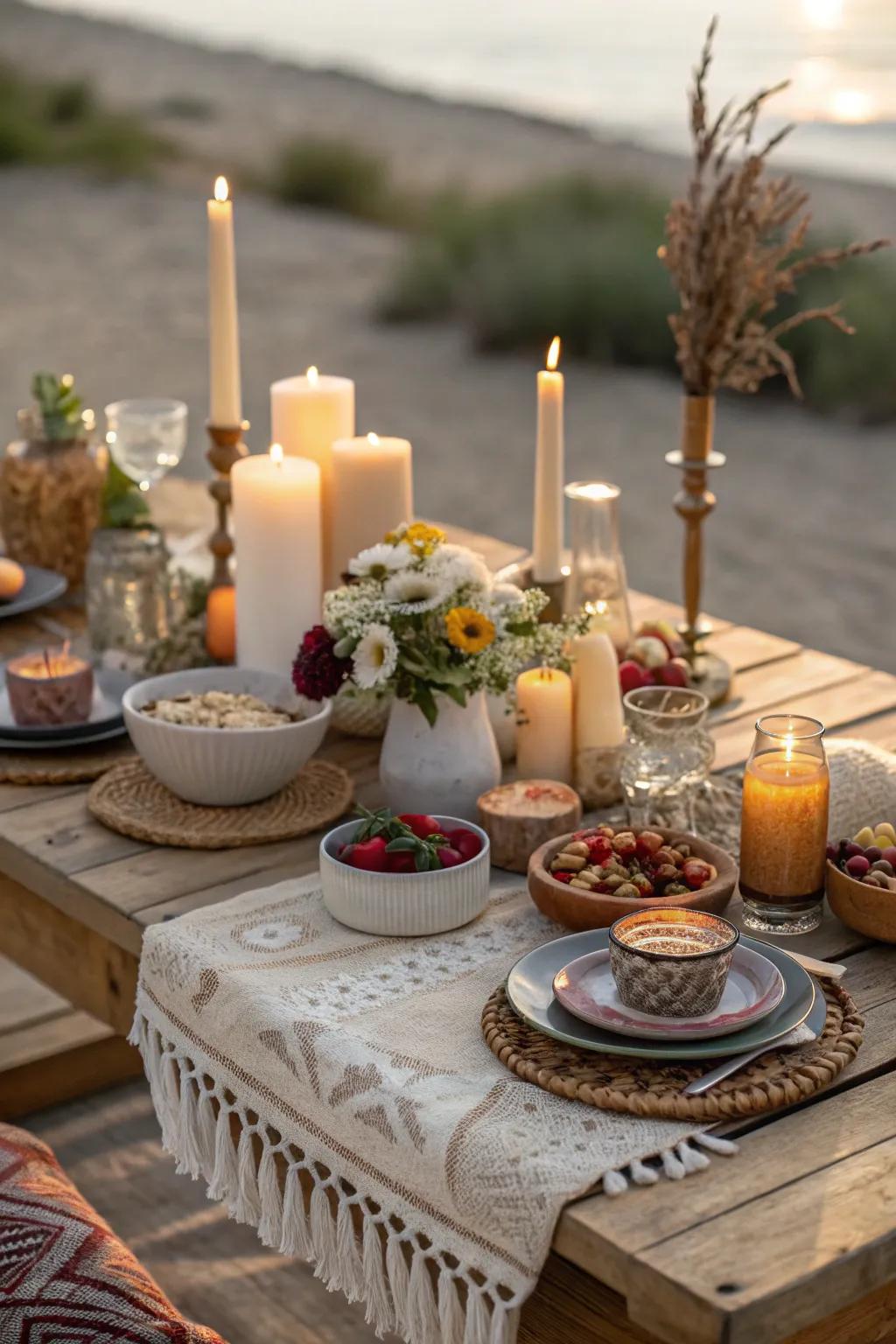 A soft light setting adds warmth and comfort to the boho brunch.