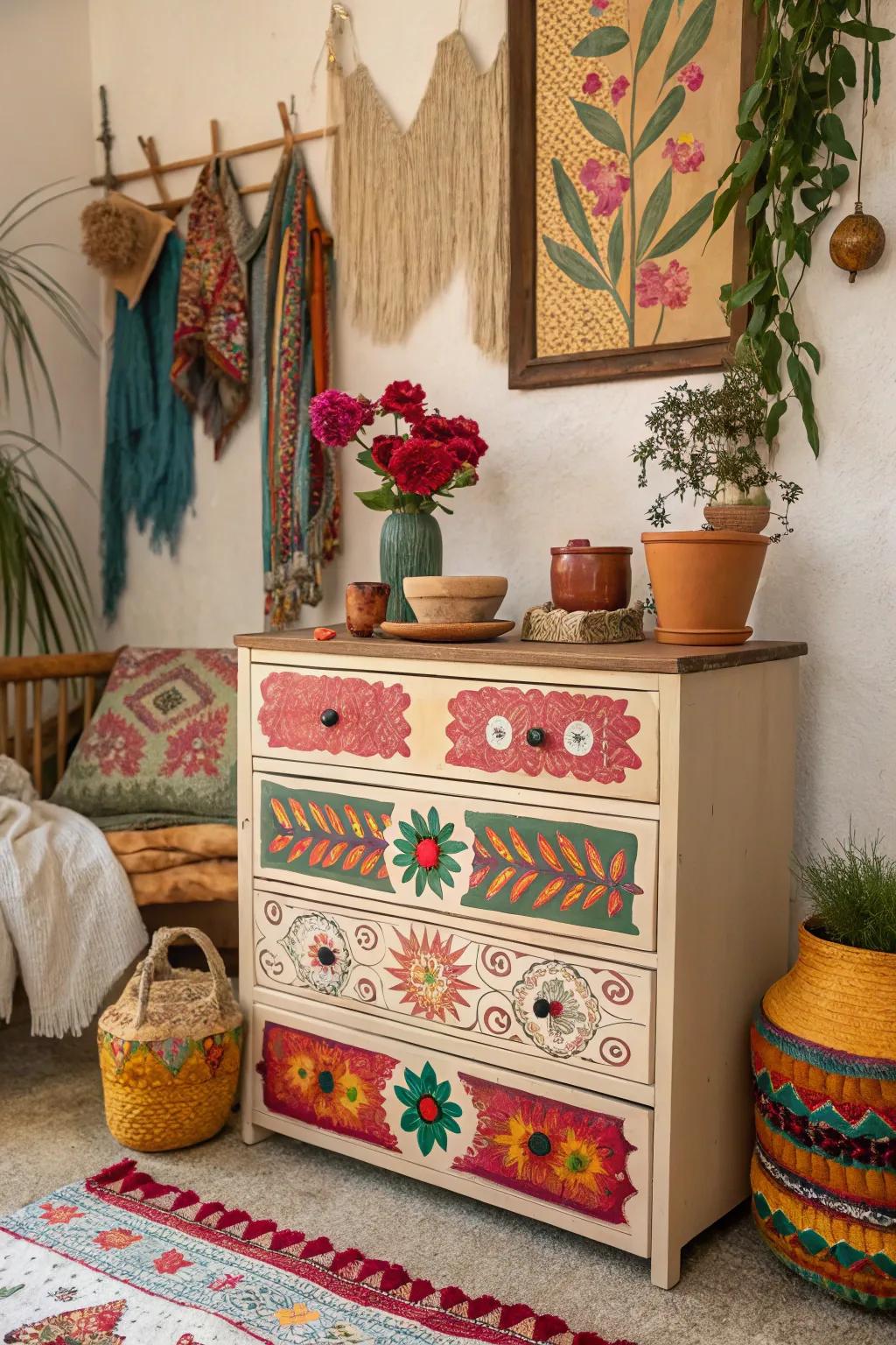 Vibrant accents bring a pop of color to this boho dresser.