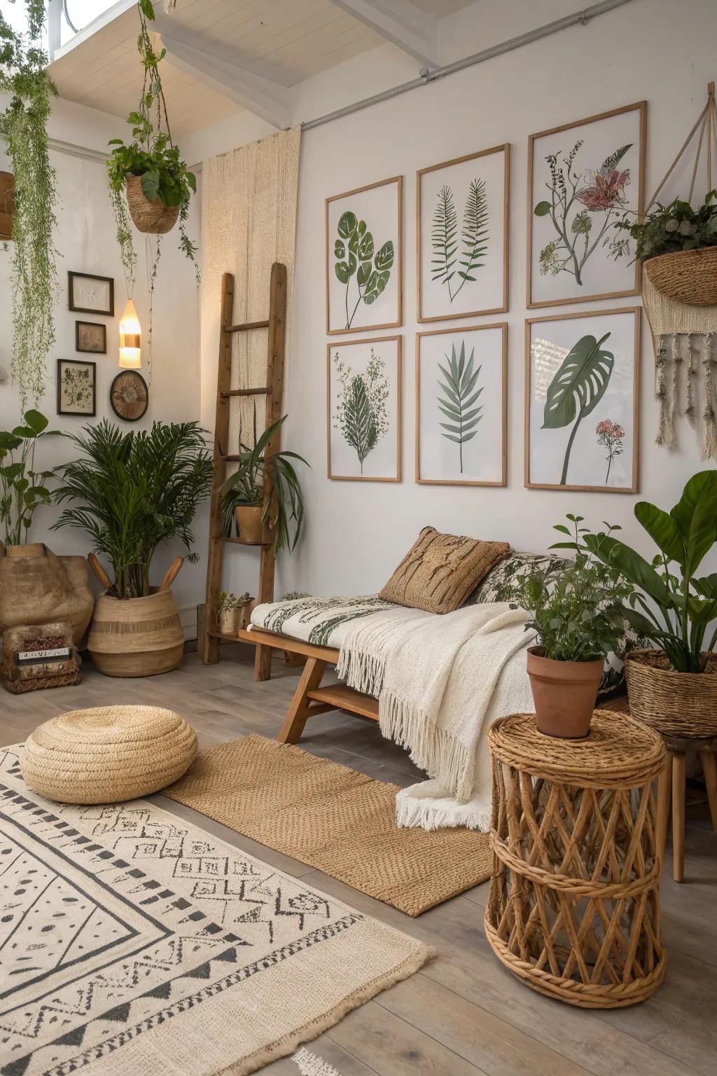 Nature-inspired decor brings tranquility to a bohemian space.