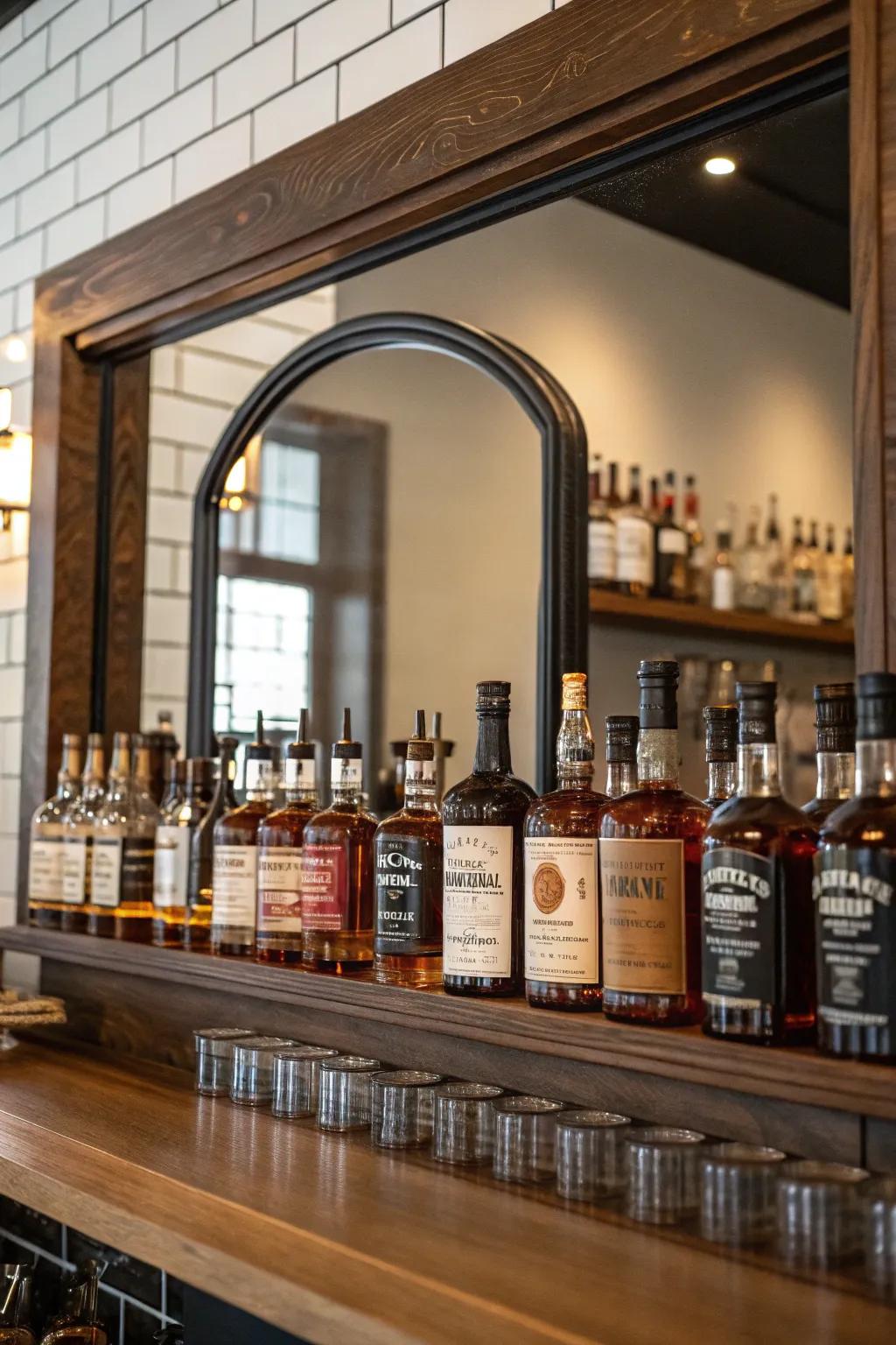A mirrored wall backdrop adds depth to your bourbon display.