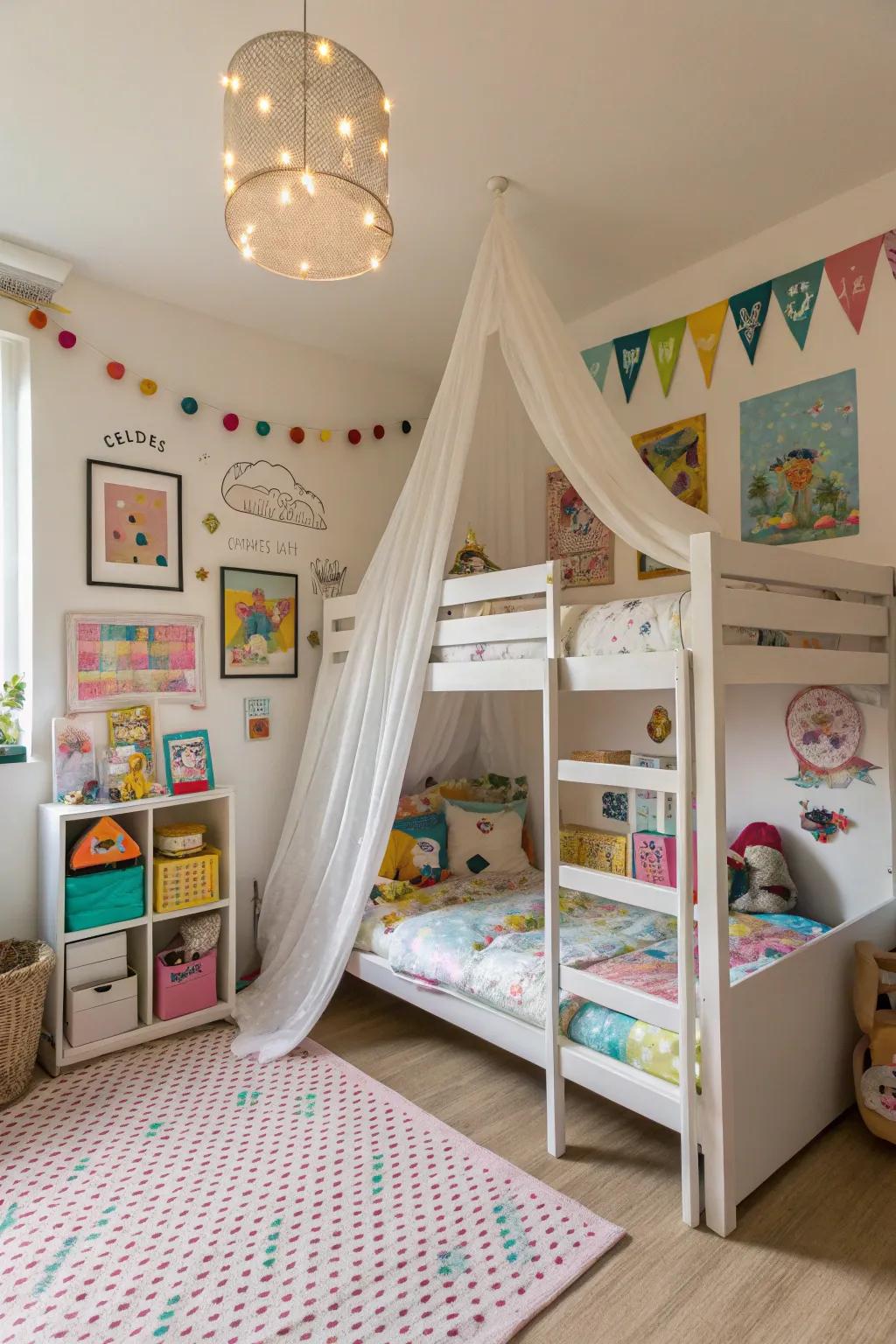 A ceiling covering adds a dreamy touch to the shared quarters.