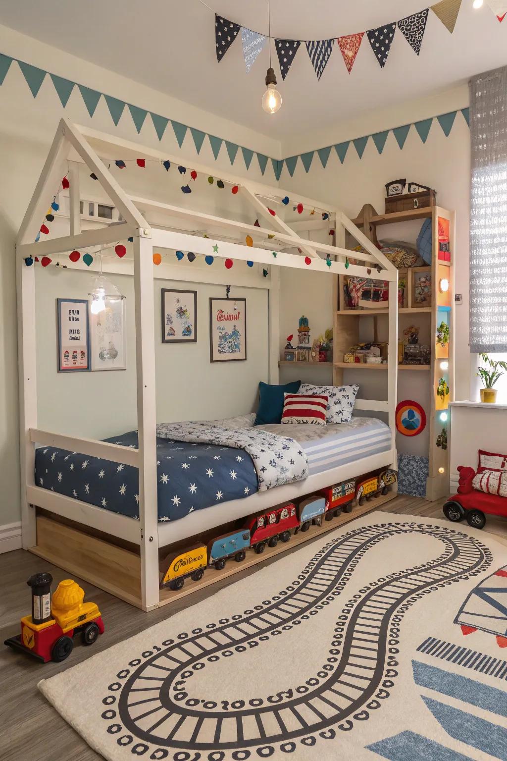 All aboard for dreams with this railway-themed canopy bed.