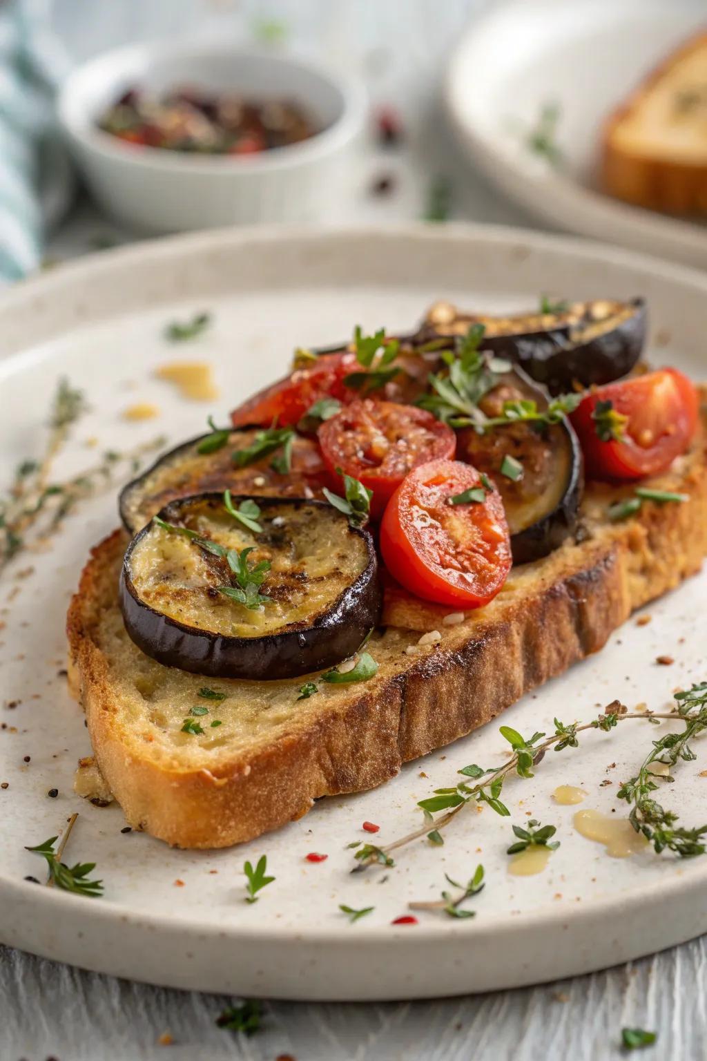 Mediterranean-inspired tartines with eggplant and tomato.