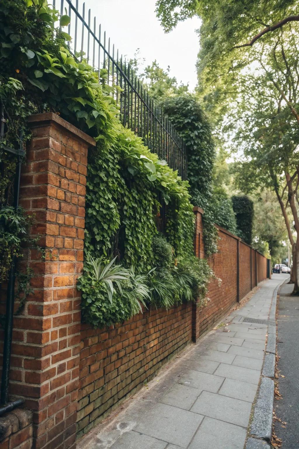 A vertical garden infuses greenery into the brick fence design.
