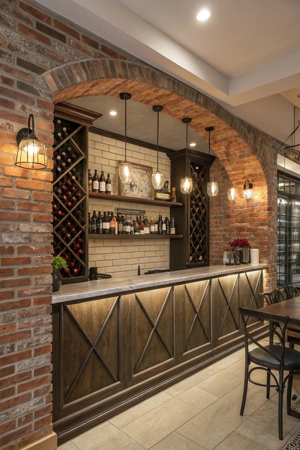 A built-in wine rack introduces elegance to a brick wall bar.