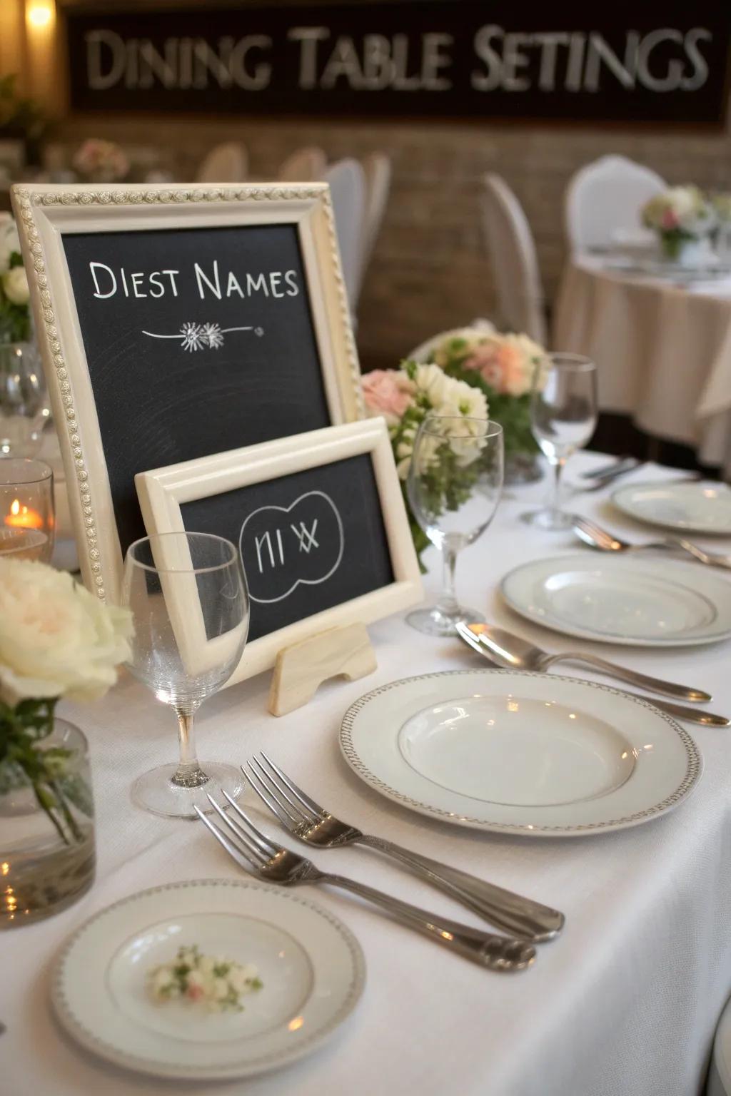 Chalkboard place cards add a personalized touch to each table setting.