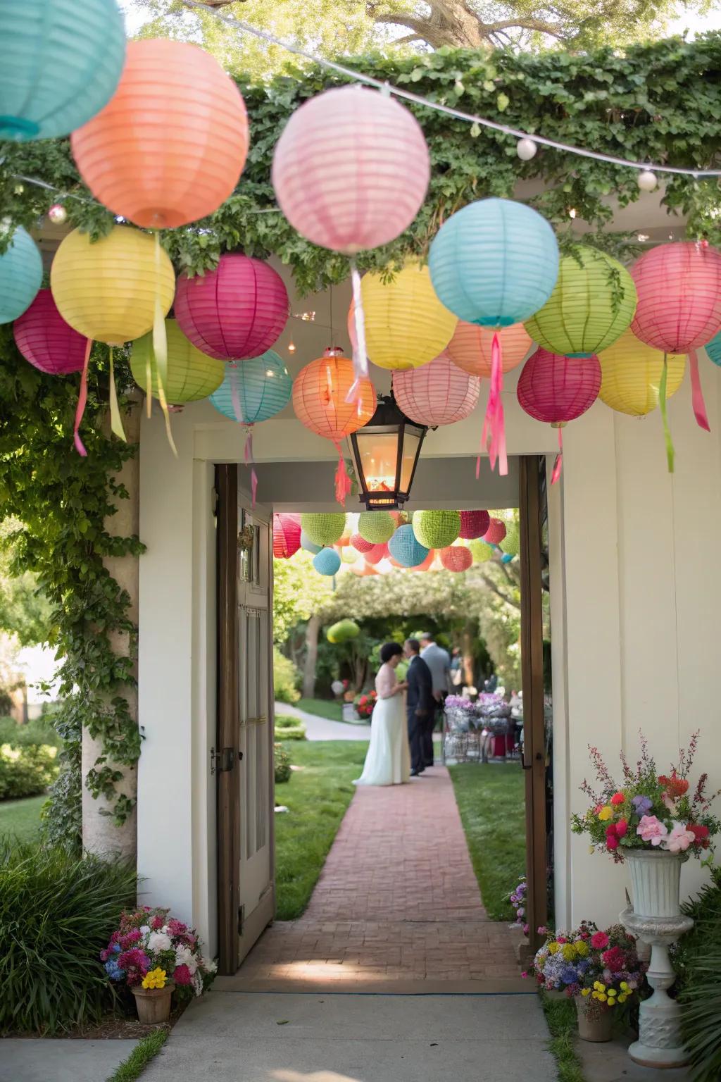 Festive paper lights incorporate a splash of color and joy to the bridal shower doorway.