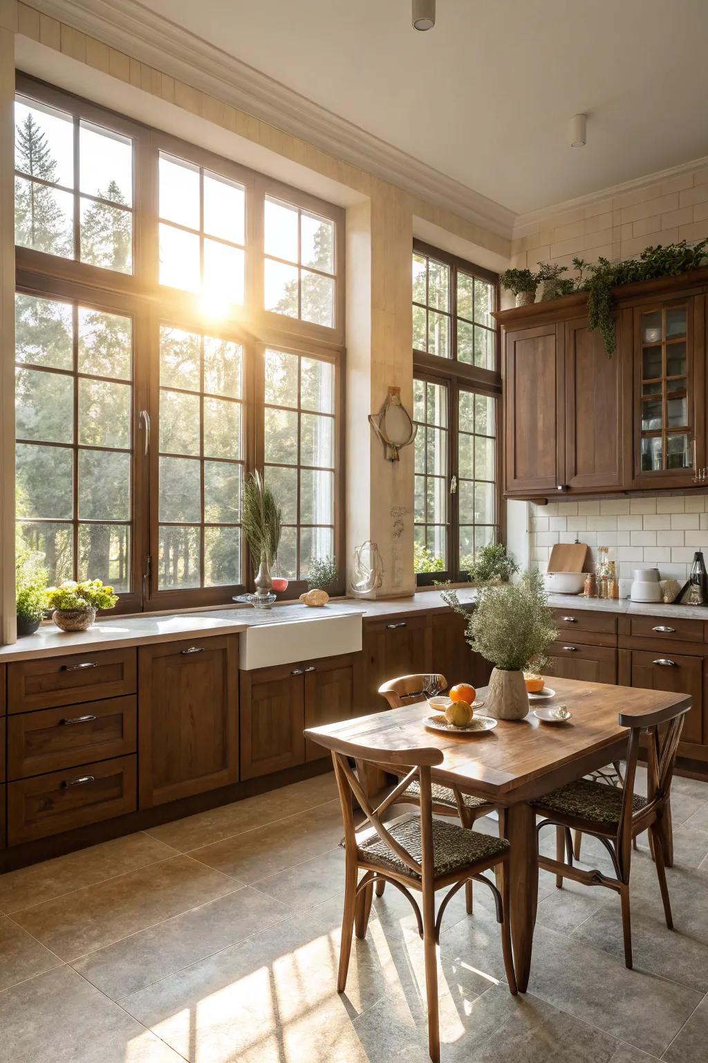 Natural light enhances the beauty of sienna shades in the kitchen.