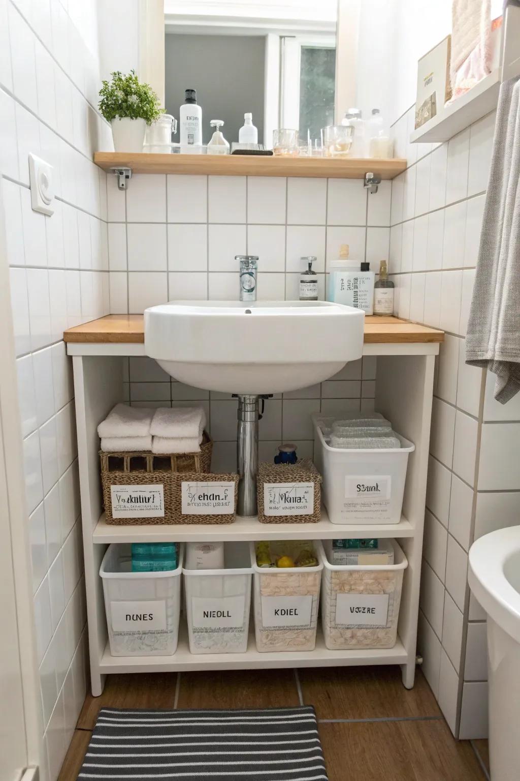 This small bathroom remains organized and efficient with its under-sink storage.