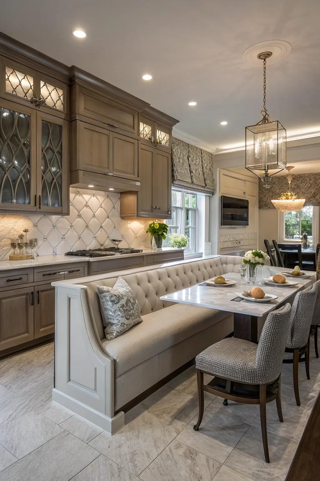 Unexpected sophistication in the kitchen with luxurious banquette seating.