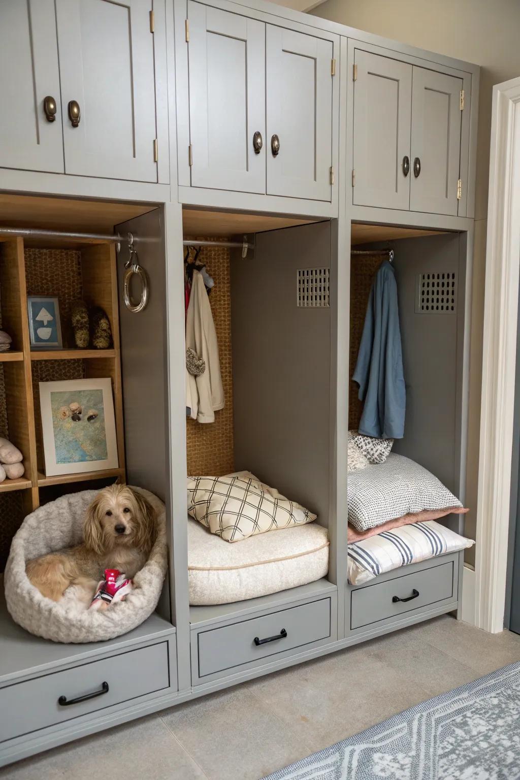Custom storage units with a cozy nook for pets.