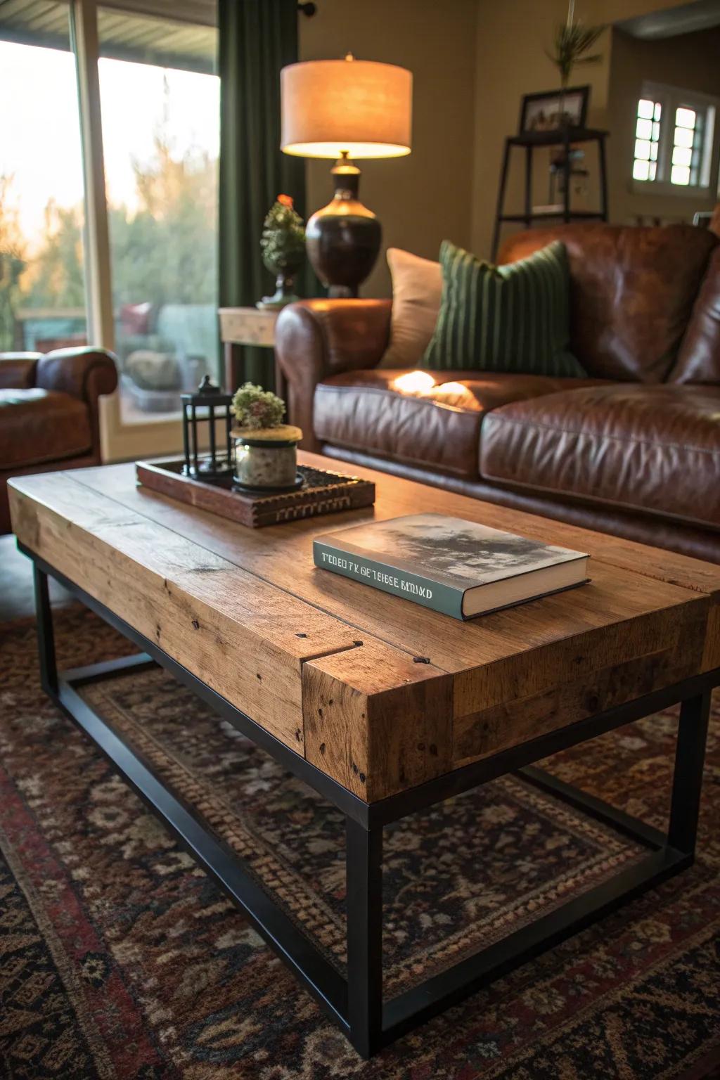 Be the focal point of your living room using a distinctive and functional wood coffee table. #LivingRoomStyle #HomeDecor #Worktop