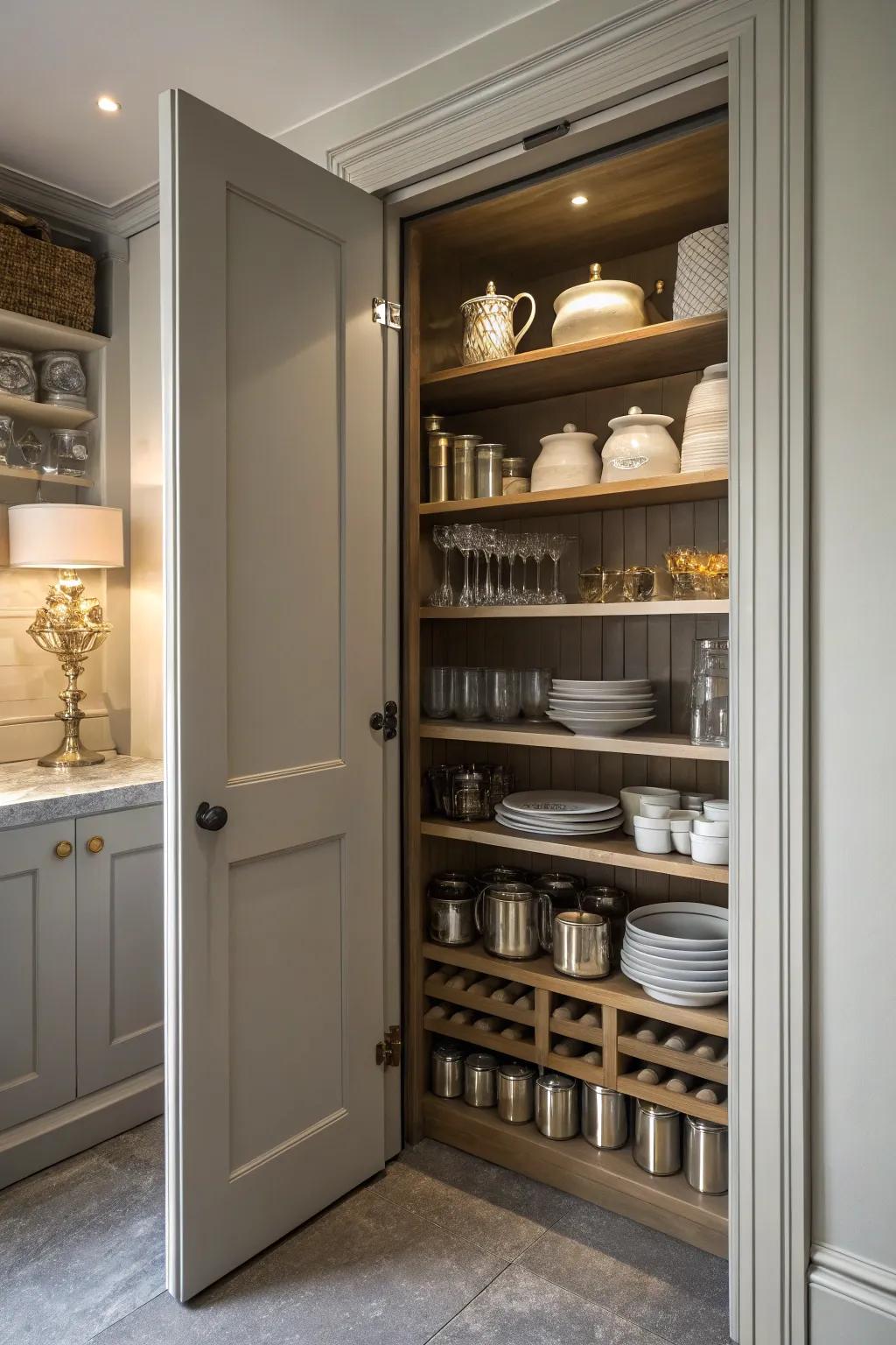 A secretive butler's pantry hidden behind a discreet door, offering an element of surprise.