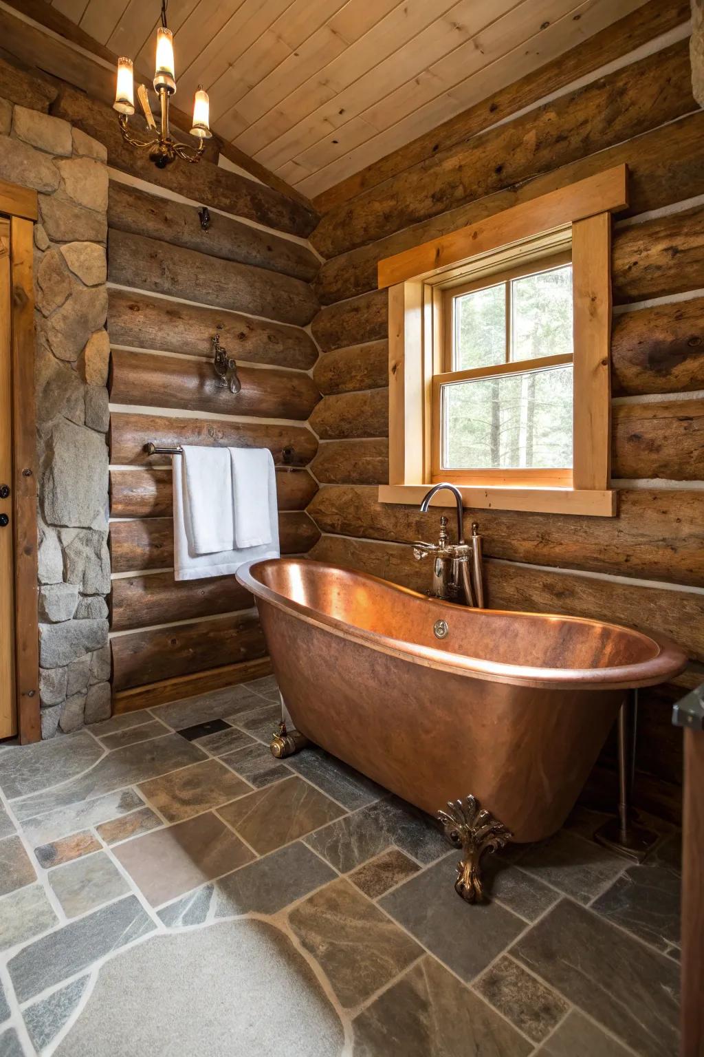 A cabin bathroom with a copper layered clawfoot tub as a focal point.