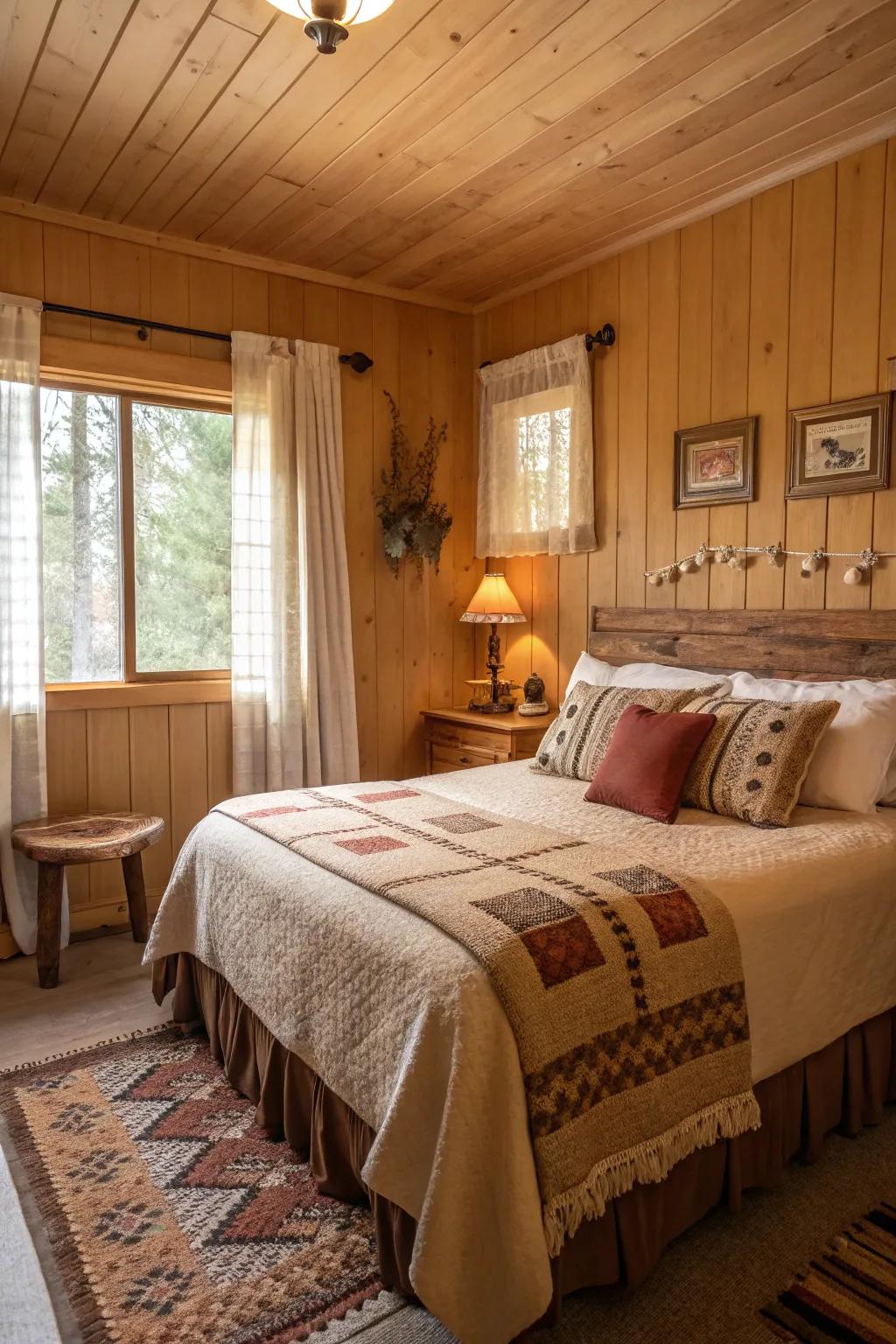 A cabin bedroom showcases warm earthy tones and cozy decor.