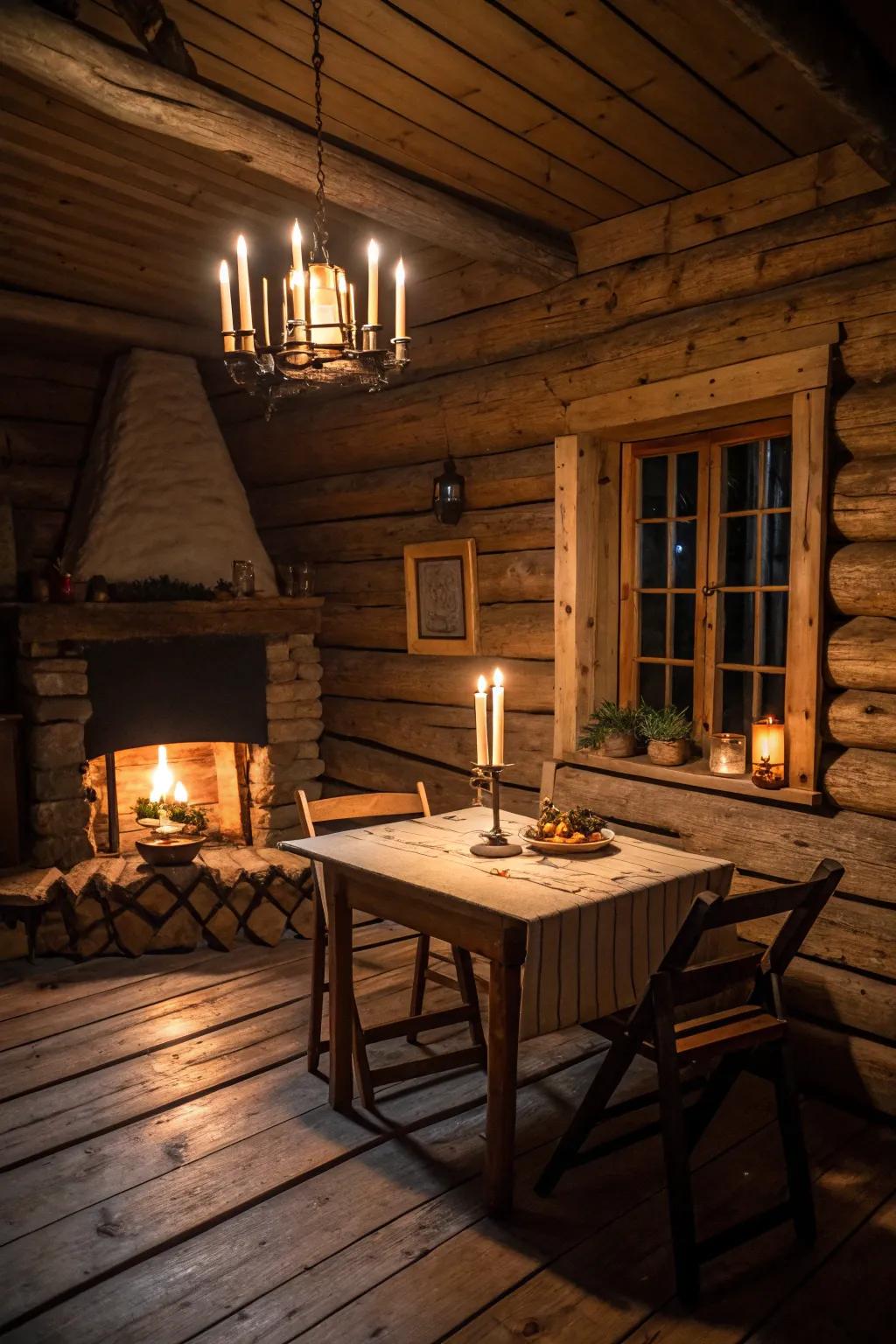 Candlelight crafting a gentle radiance in a cabin interior.