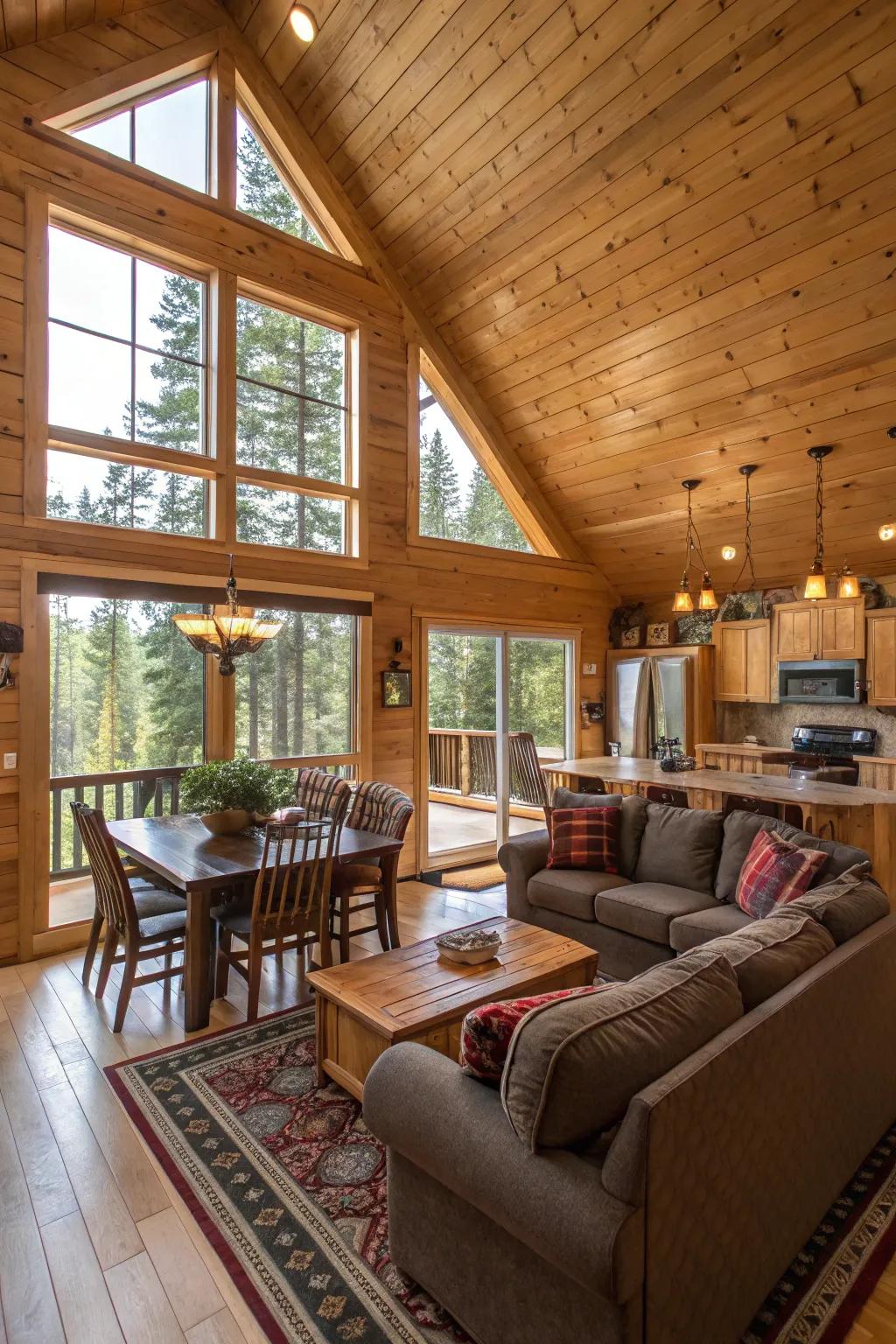An open floor plan enhances the sense of space and connection in this cabin.