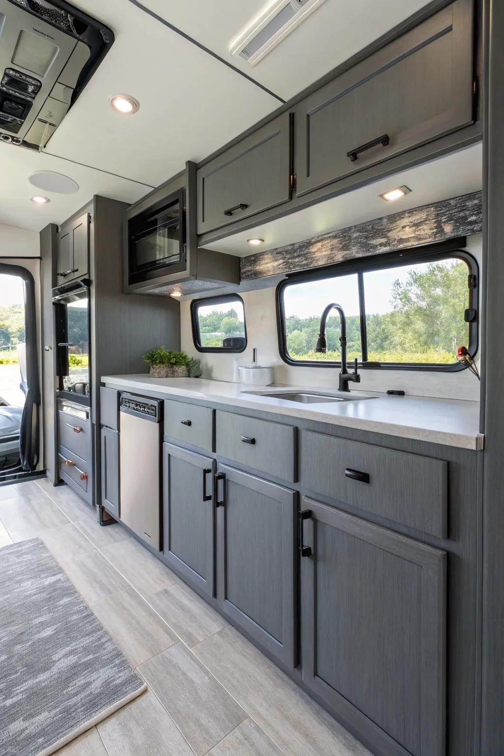 Anthracite gray cabinets provide a polished look.