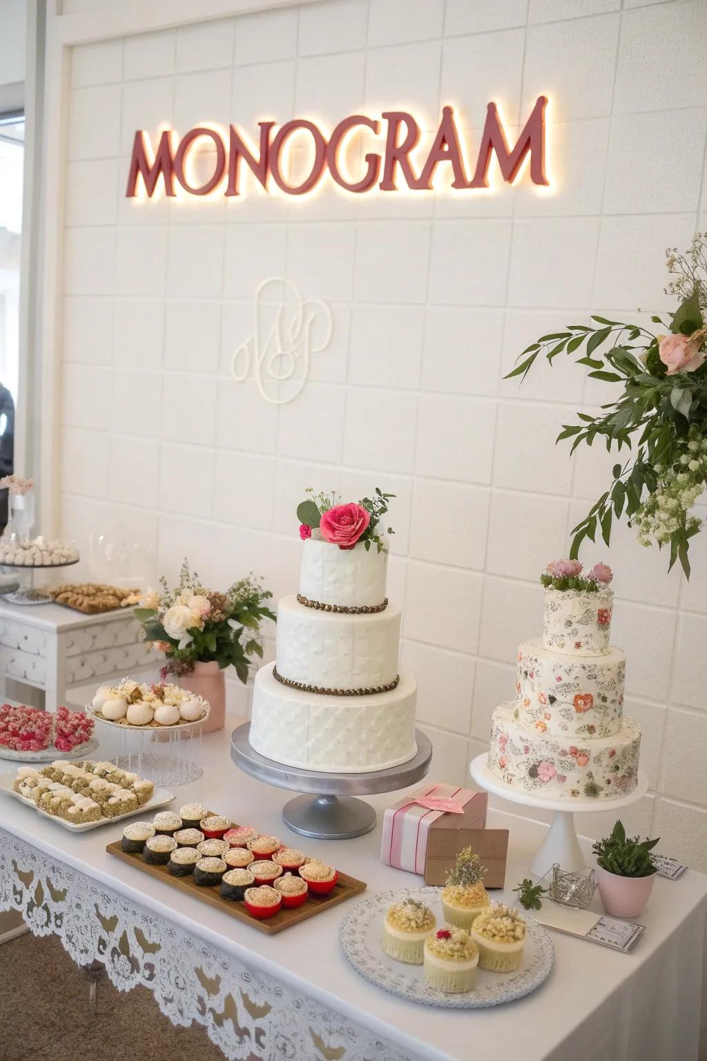A cake table with a monogram backdrop, adding a personal and modern touch.