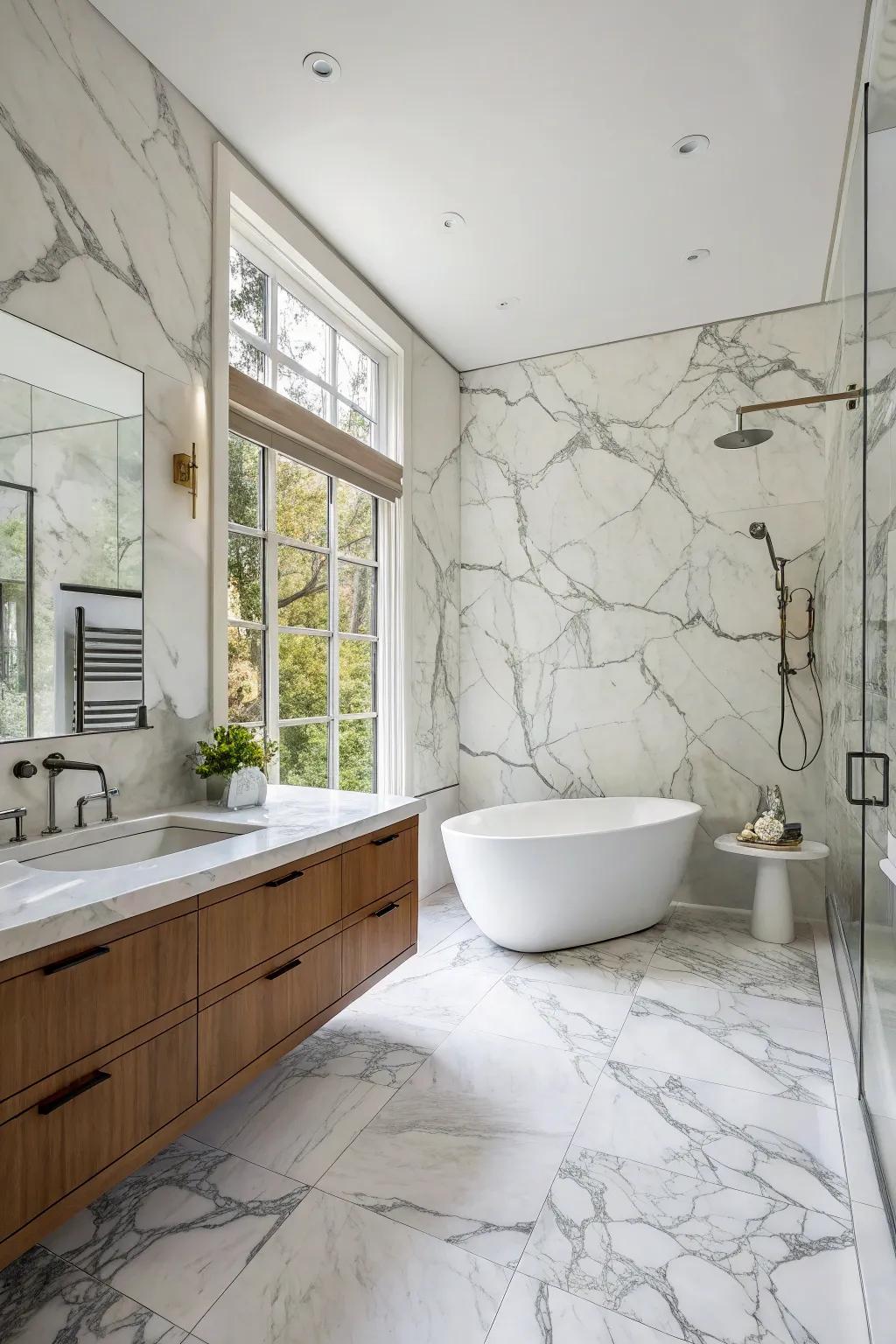 A grand bathroom design with Carrara Essence marble tiles extending from walls to the ceiling.