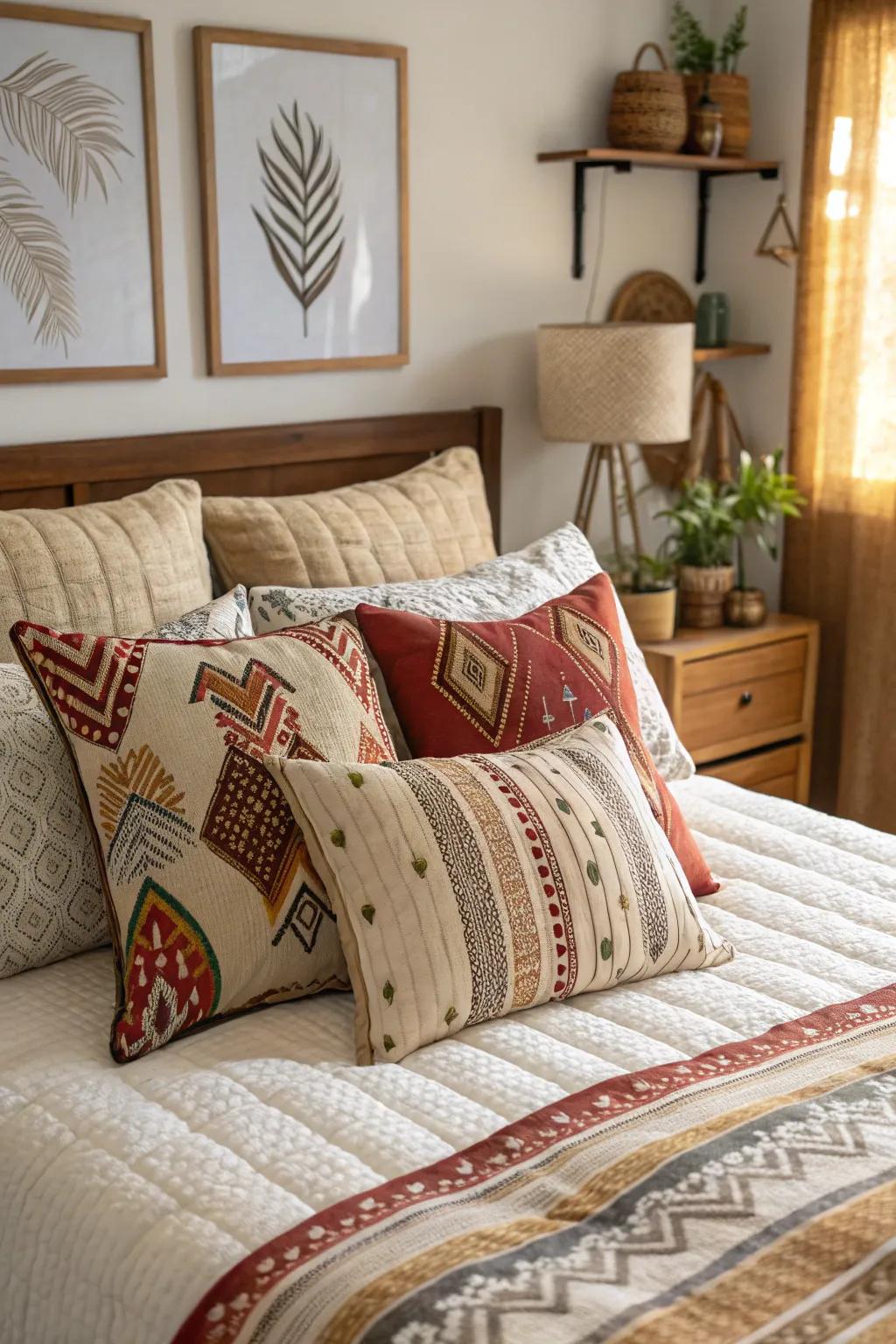 Bedroom with an assortment of accent pillows in various patterns and textures.