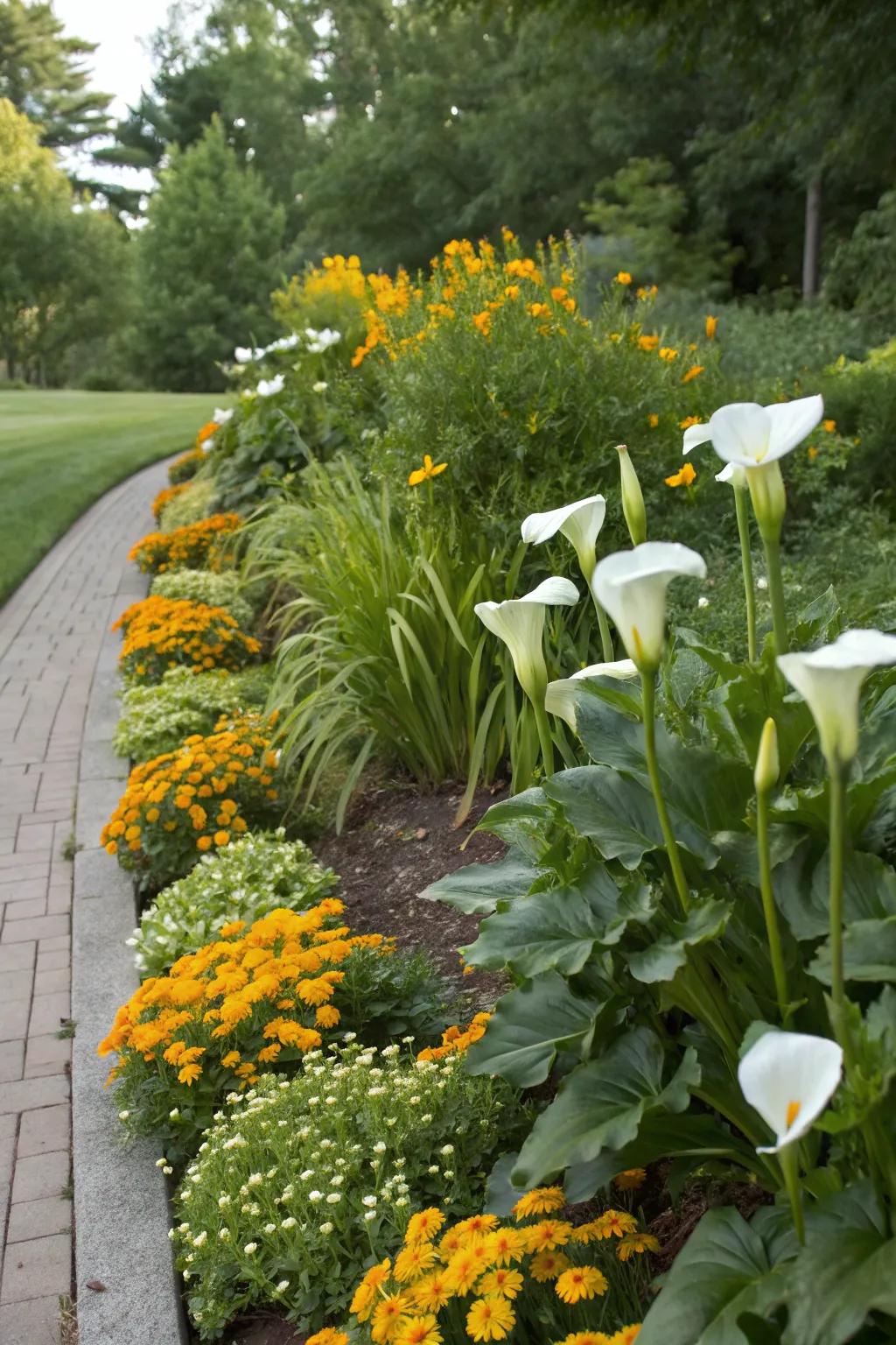 Pairing swan flowers with other plants for an energetic border.