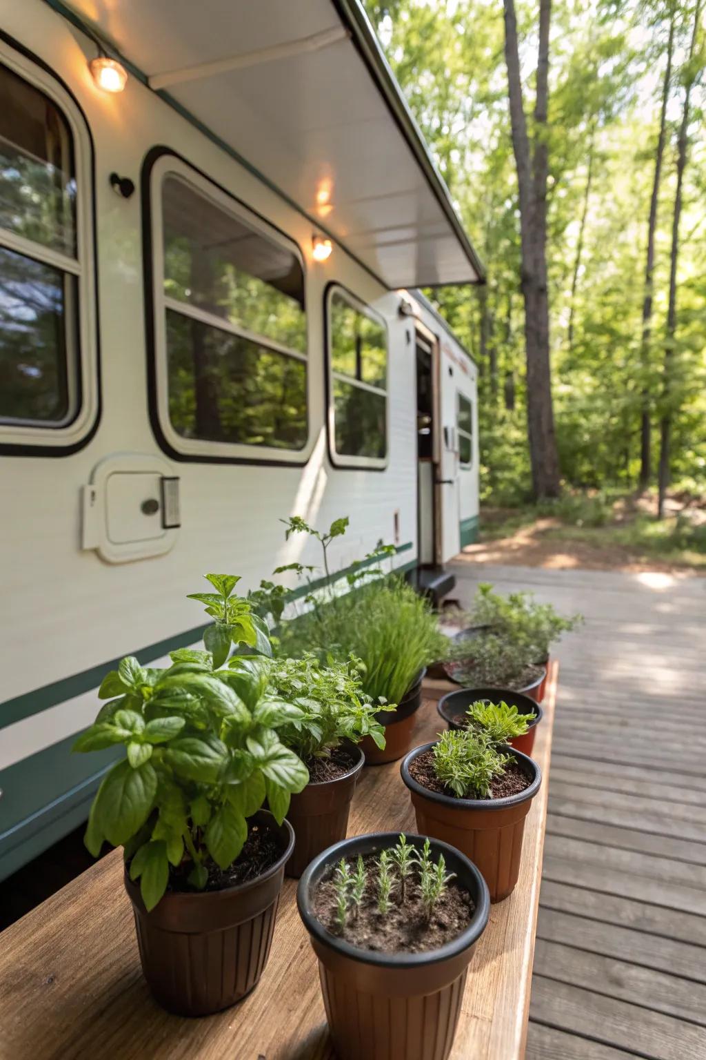 A miniature herb garden provides fresh flavors just steps away.