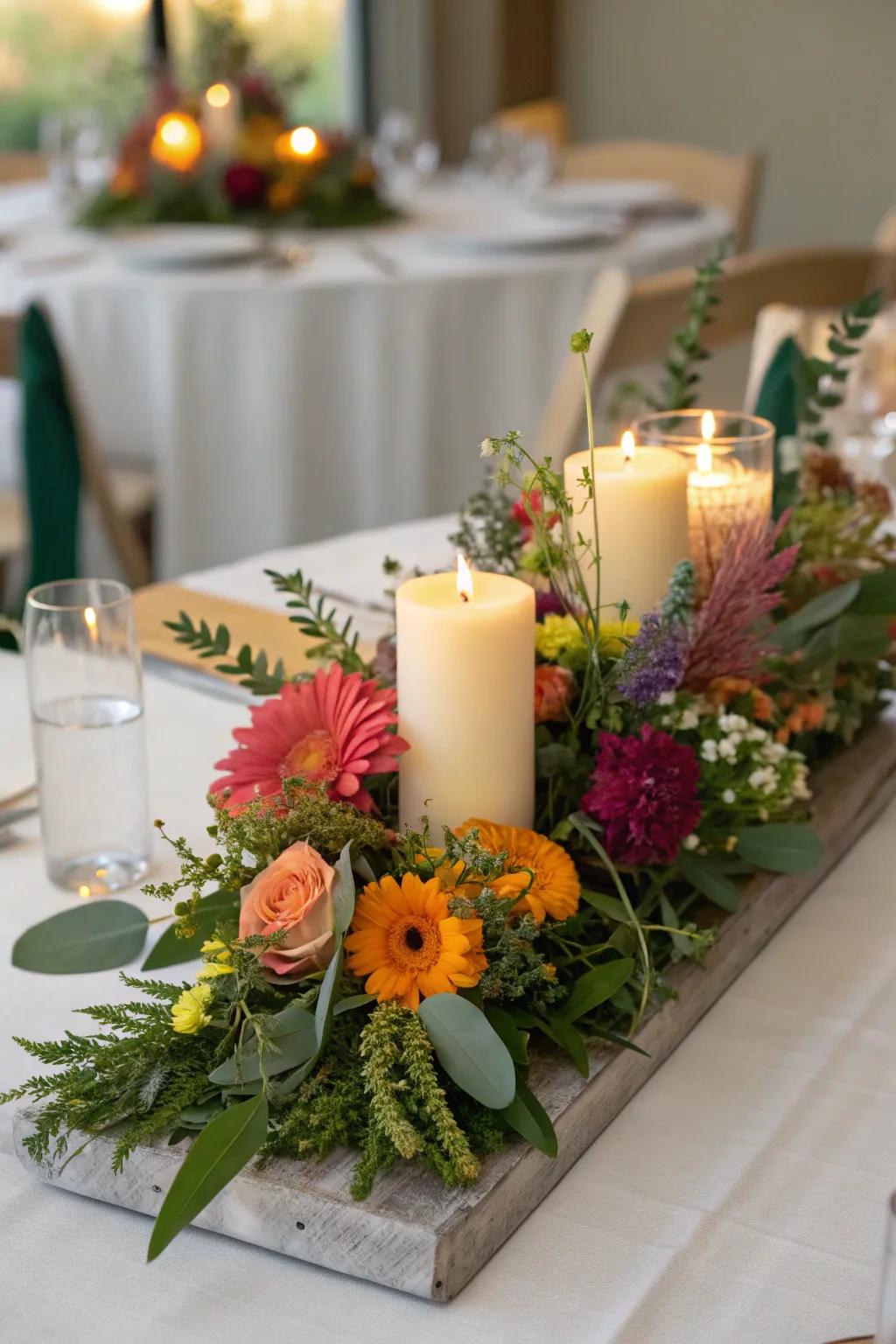 Flowers and candles create a refreshing garden-inspired display.