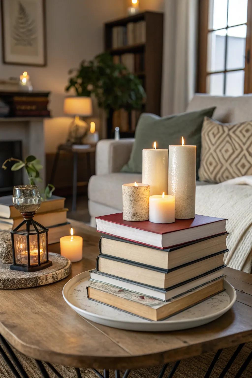 Books and lights create a stylish and intellectual centerpiece.