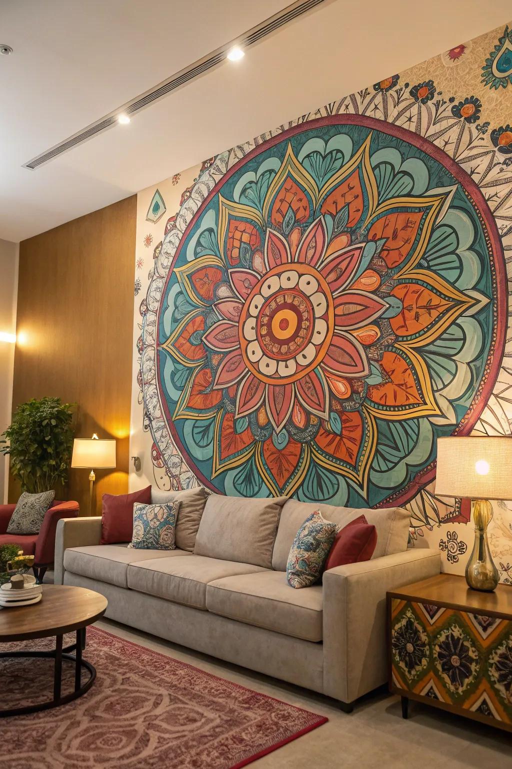 Large canvas mural in a spacious living area