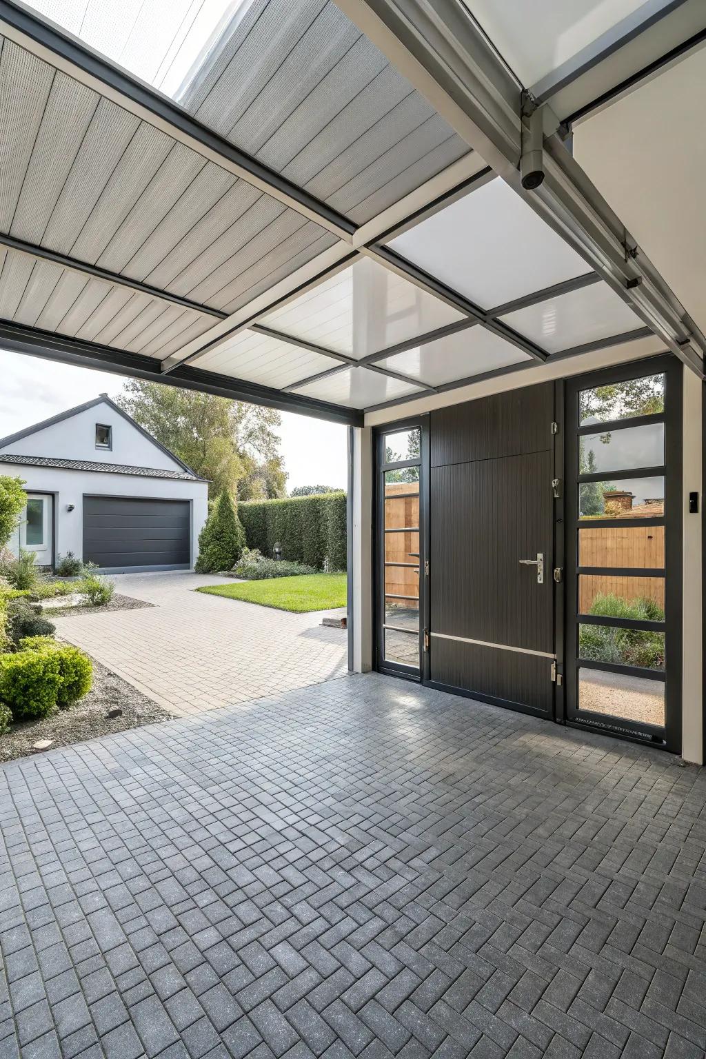 A carport featuring adaptable entryway elements, affording flexible architectural possibilities.