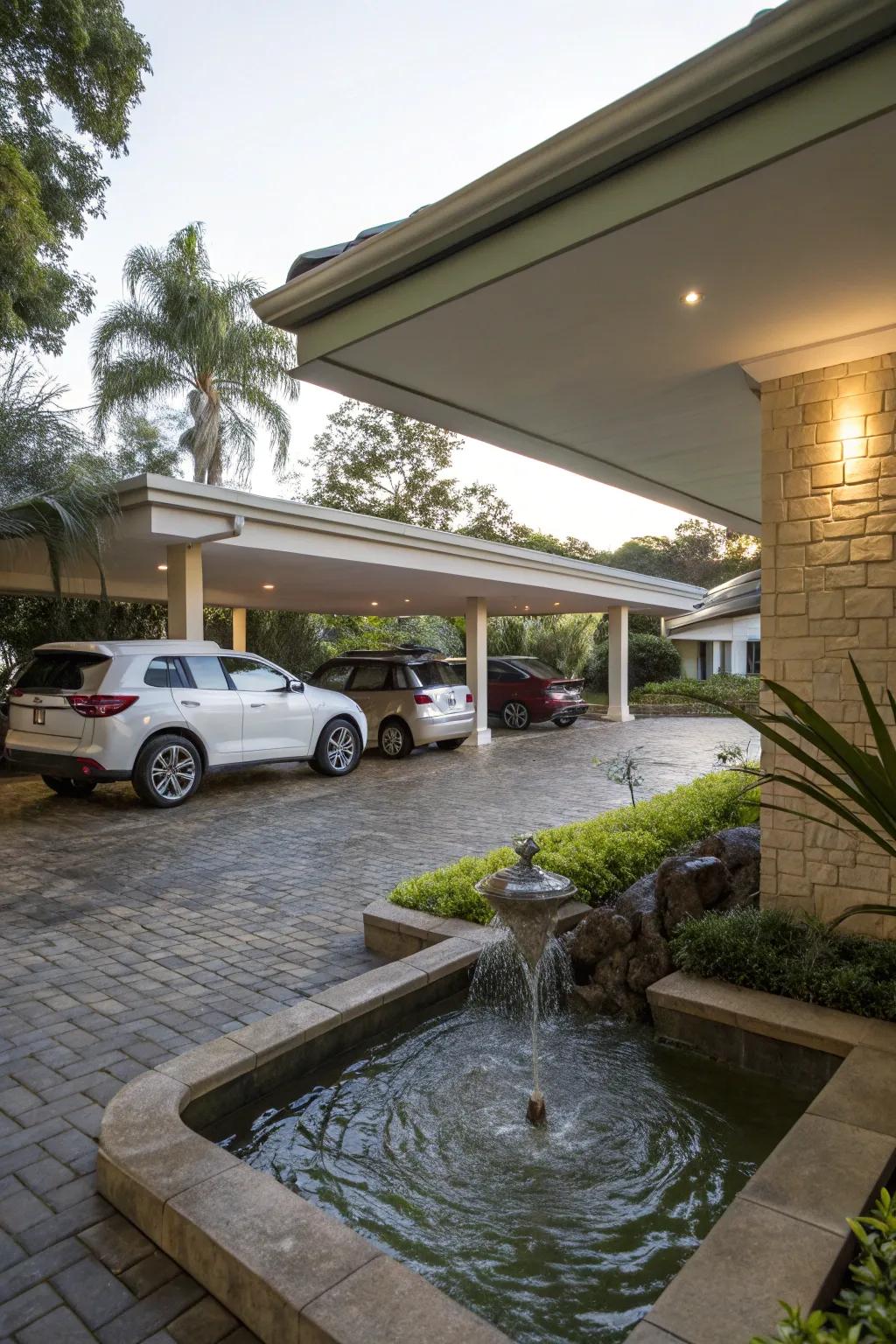 A carport enhanced with a water feature, adding a touch of tranquility and visual interest to the outdoor space.