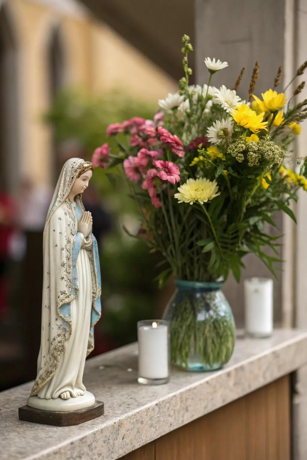 A statue of Mary contributes grace and serenity to your prayer space.