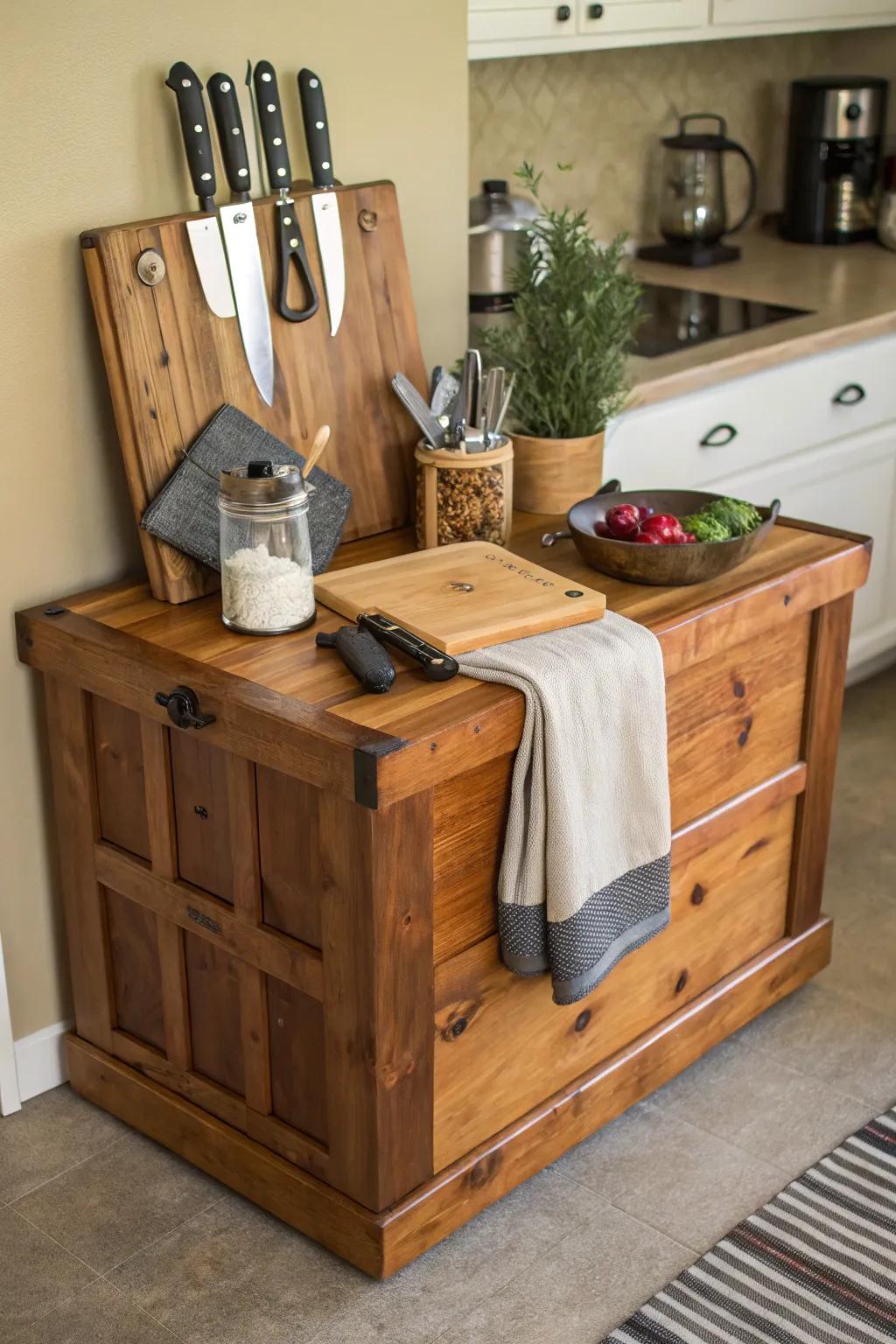 A storage trunk creatively repurposed as a functional kitchen island.