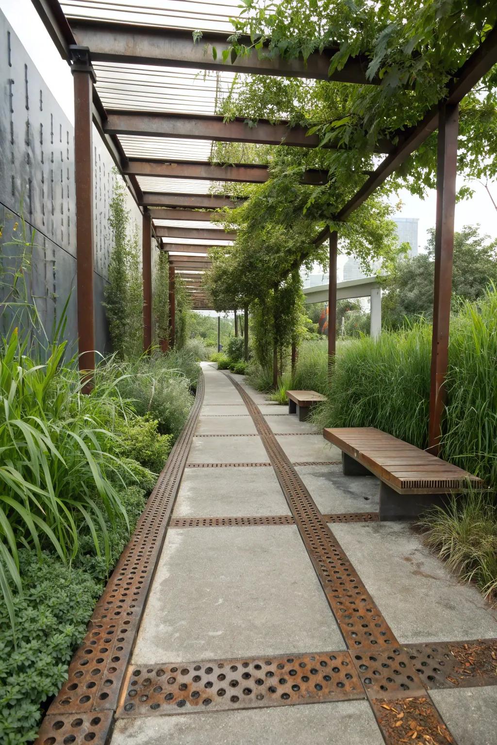Industrial chic concrete walkway featuring metallic accents for a modern edge.