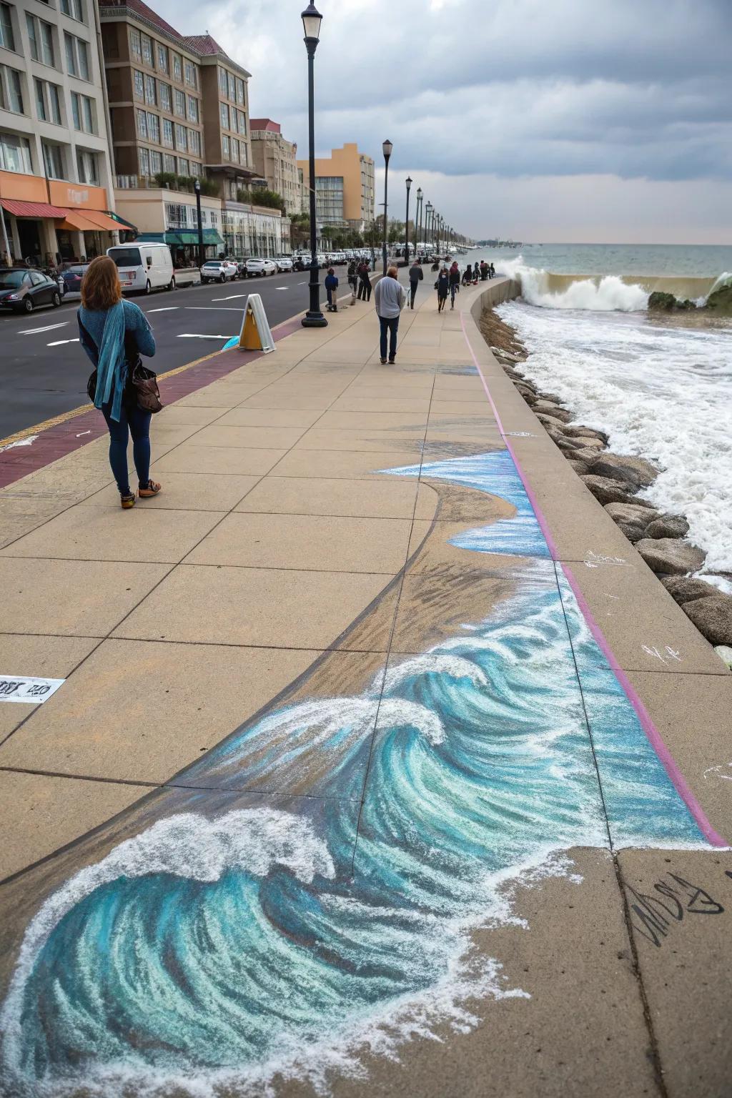 A calming beach scene with rolling swells drawn in chalk.