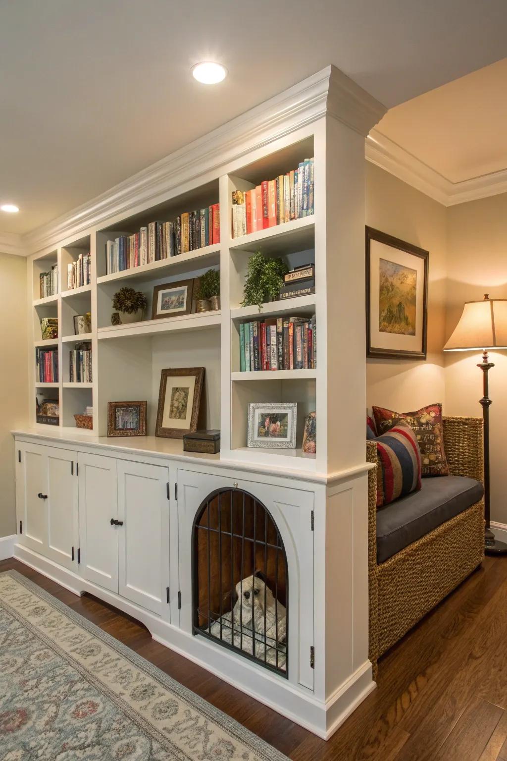 A book lover's dream: a kennel built into a bookcase.