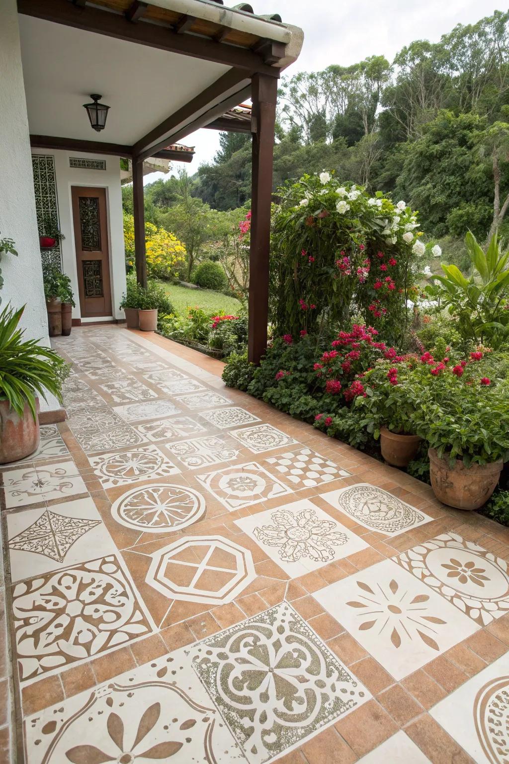 DIY tile effect added through stenciled patterns.