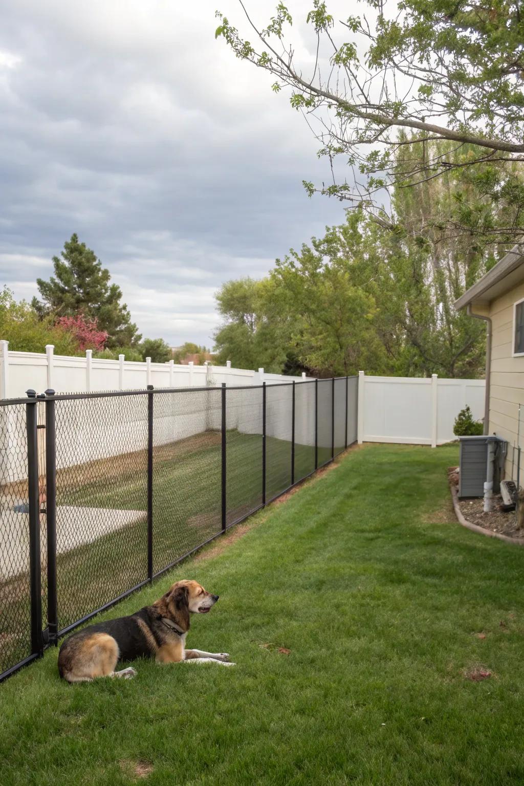 Vinyl web fencing offers durability and weather resistance for dog containment.