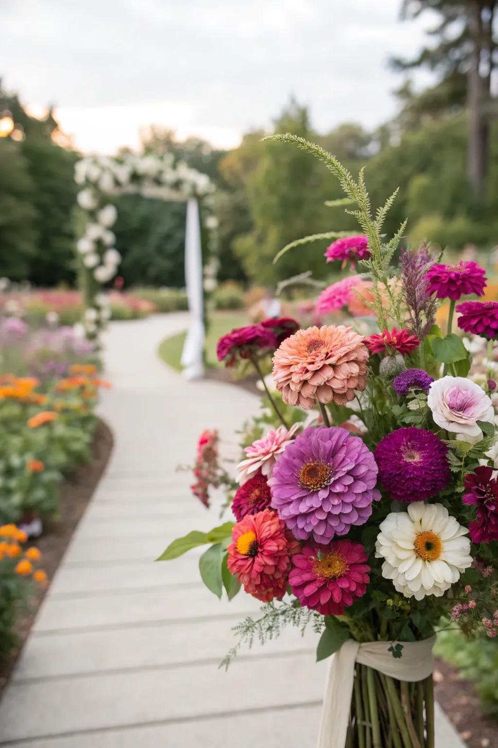Colorful pattern petals add an affordable pop of color to wedding arrangements.